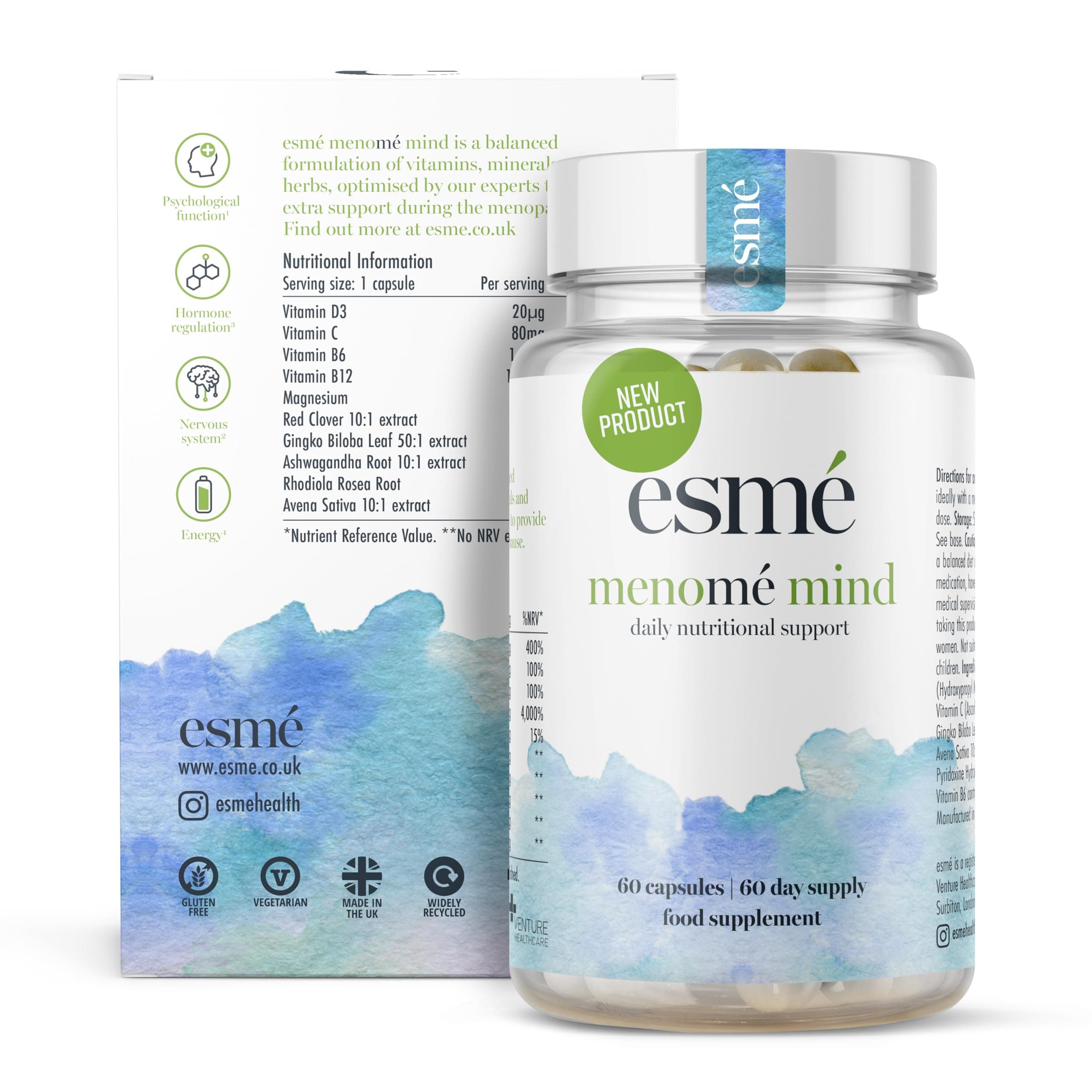 esmé menomé Mind - Daily Nutritional Support Before, During and After The Menopause – Two Month Supply of 60 Capsules, Contain ashwagandha and Gingko biloba