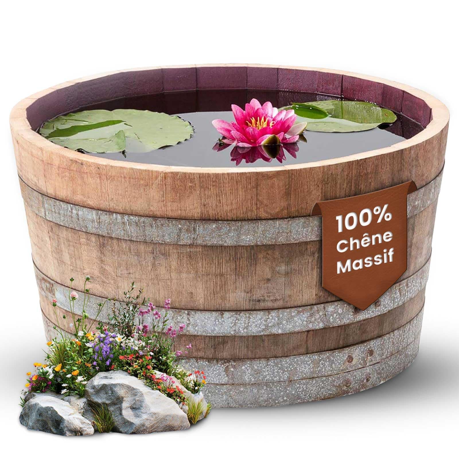 Half Wine Barrel Oak Transformed into Mini Flower Pot or Mini Pond Diameter 70 cm Oak Barrel, Wine Barrel, Pot, Tray, Wooden Planter for the Garden