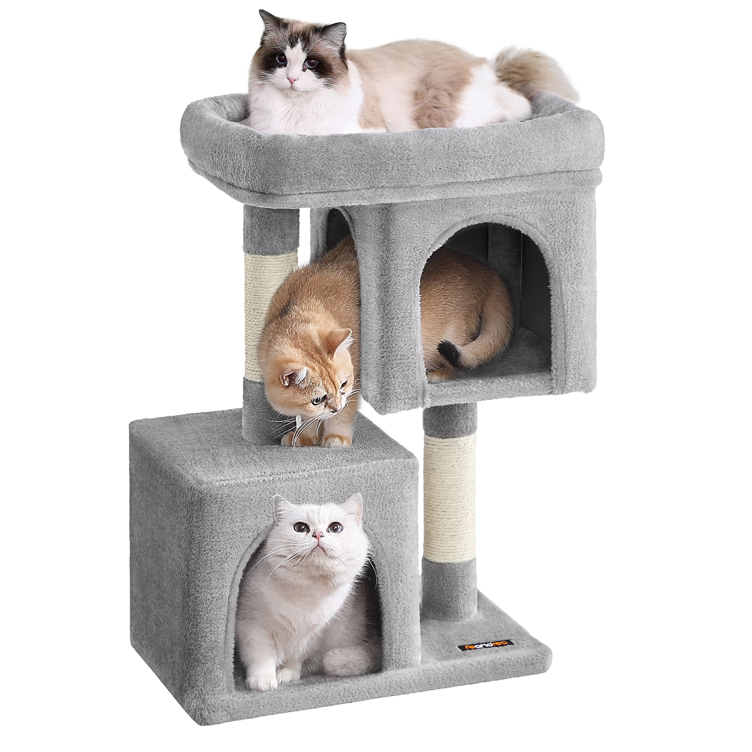 Feandrea Cat Tree, 29.1-Inch Cat Tower, Plush Condo for Medium Cats up to 11 lb, Large Perch, 2 Caves, Scratching Post, Light Gray UPCT612W01