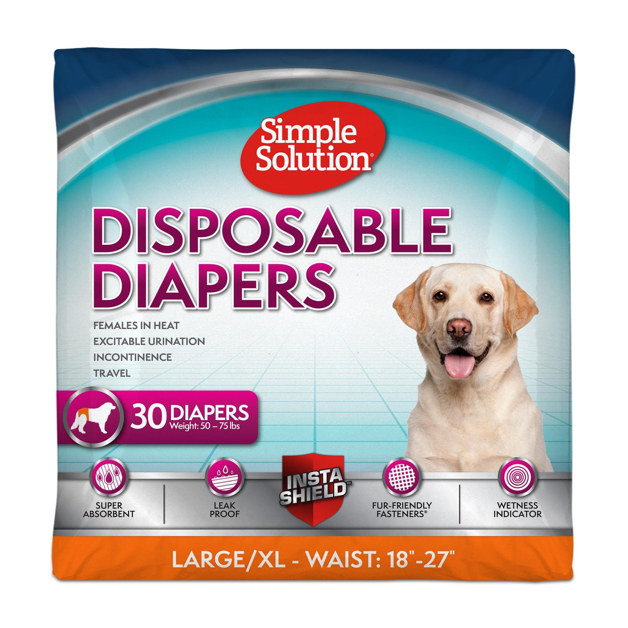 Simple Solution True Fit Disposable Dog Diapers For Female Dogs | Super Absorbent With Wetness Indicator | L/XL | 30 Count