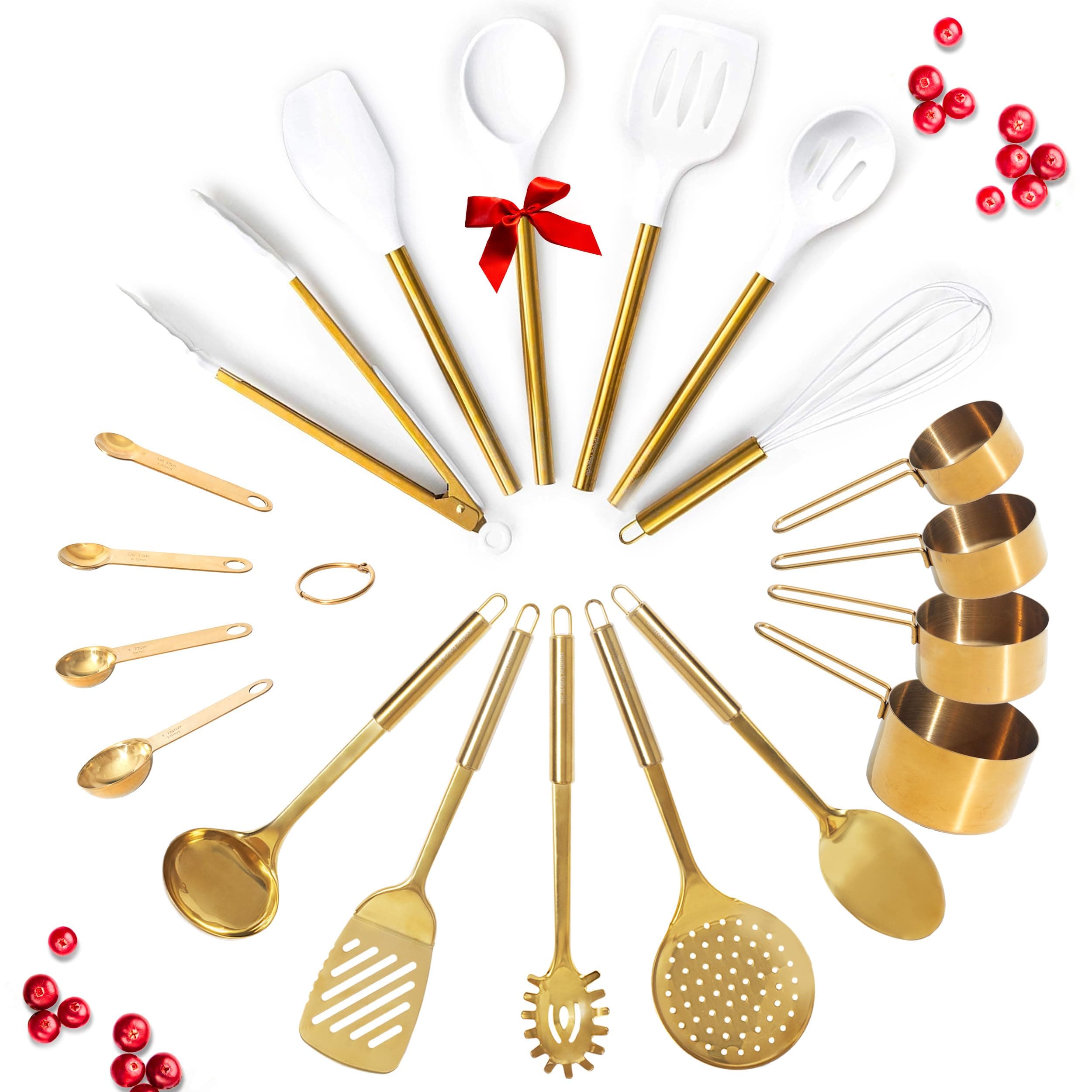 Gold Kitchen Utensils Set - 19 PC Luxury Set includes Stainless Steel Gold Cooking Utensils Set, White Silicone Cooking Utensils, Gold Measuring Cups and Spoons Set - Gold Kitchen Accessories