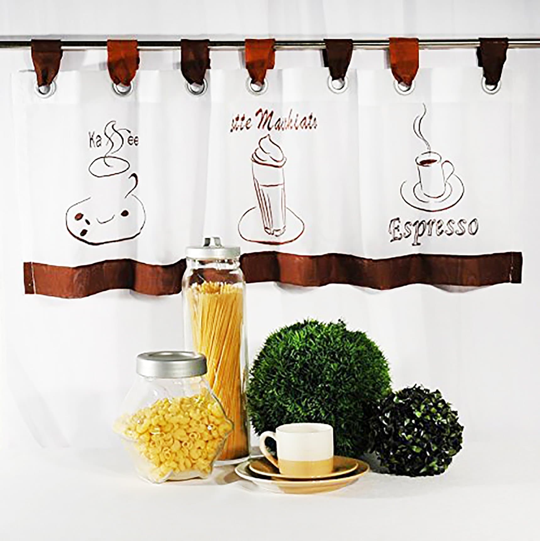 KAMACA Curtains with modern 'Coffee Time' design with tabs white voile embroidered with three coffee motifs (approximate height 40 x width 120 cm - Great gift idea - Bistro curtains