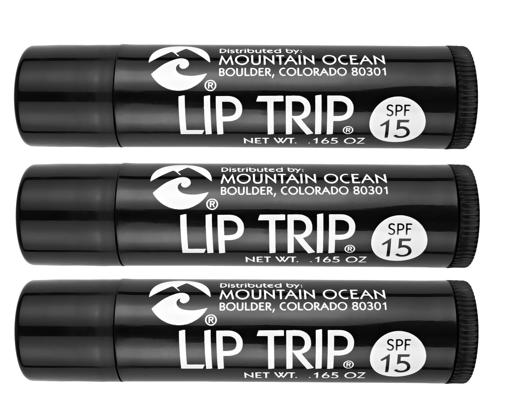 Mountain Ocean Lip Trip SPF 15 Lip Balm (Pack of 3) with Apricot Kernal Oil, Sesame Oil, Aloe Vera and Cocoa Butter, 0.17 oz. Each