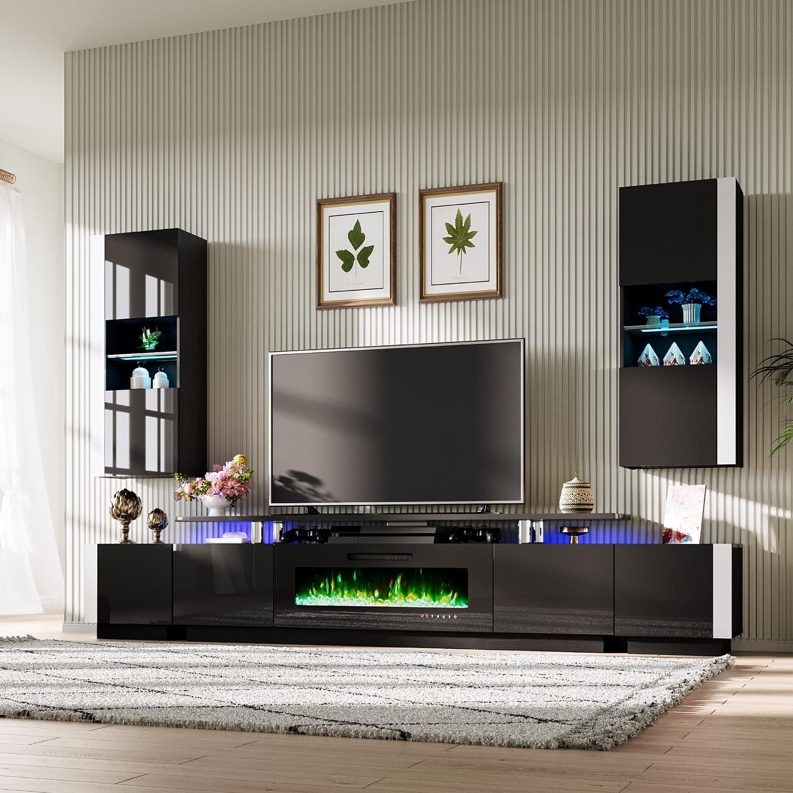 AMERLIFE Wall Unit Entertainment Center with Fireplace and Storage, Includes 80" 2-Tier Fireplace TV Stand, 2 x Wall Cabinets & 2 x End Tables, Modern LED Lights TV Console for Living Room, Black