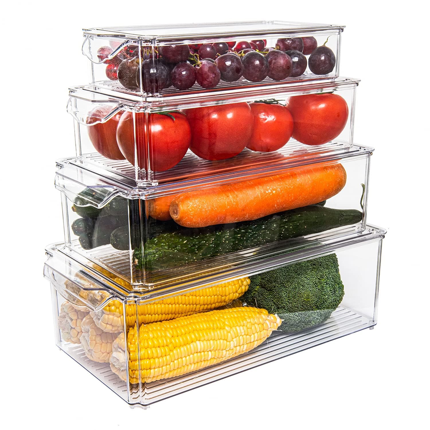 Pomeat 4 Pack Fridge Organizers, Stackable Refrigerator Organizer Bins with Lids, Plastic Storage Bins, BPA-Free Fridge Organizers and Storage Clear for Food, Drinks, Fruits, Vegetable Storage