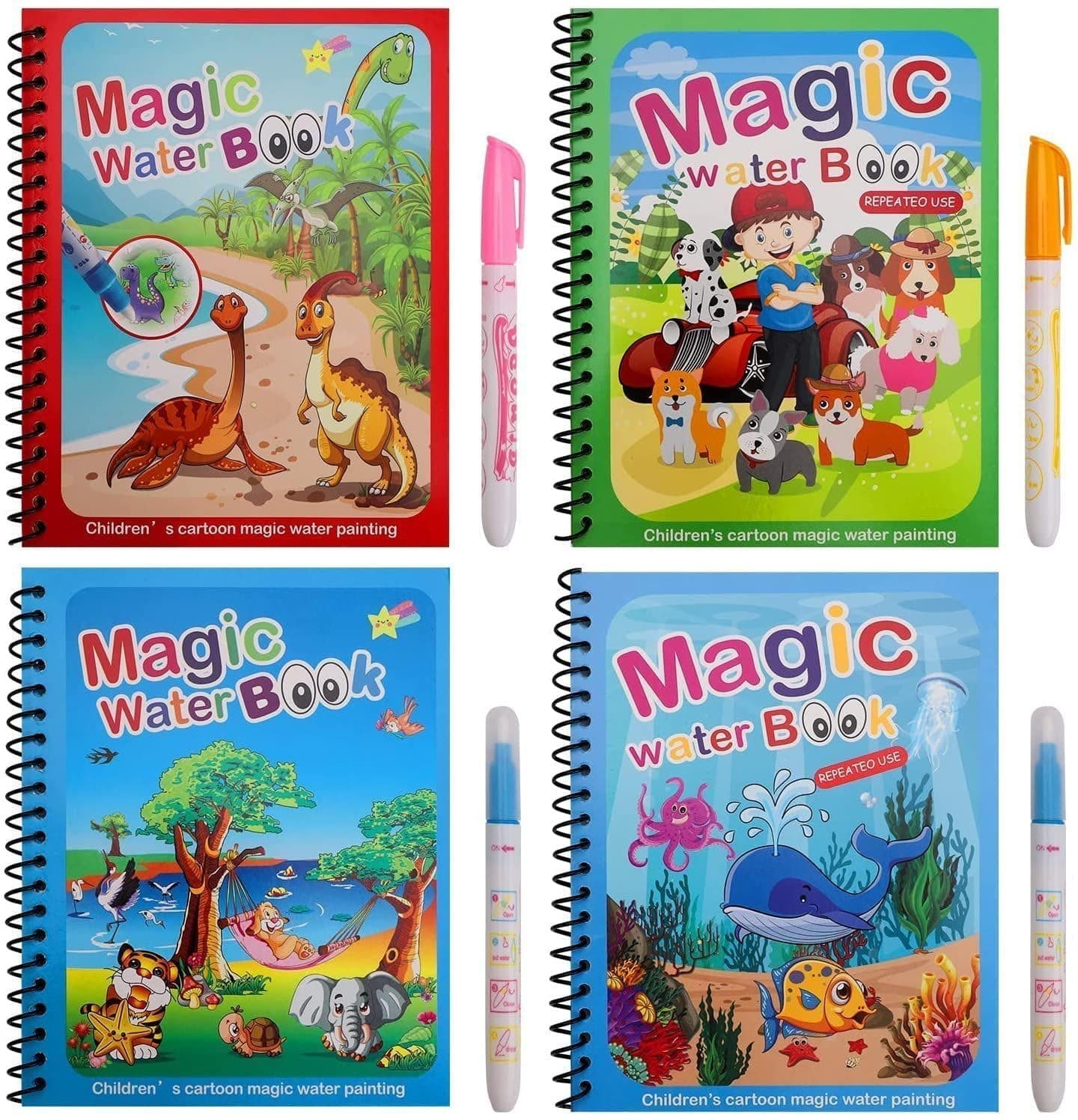 Toy Imagine 4-Pack Water Magic Coloring Books with Refillable Pens | Reusable No Mess Magic Reveal Activity Book for Kids | Educational Drawing Toy, Fine Motor Skills, Quick Dry Travel Friendly