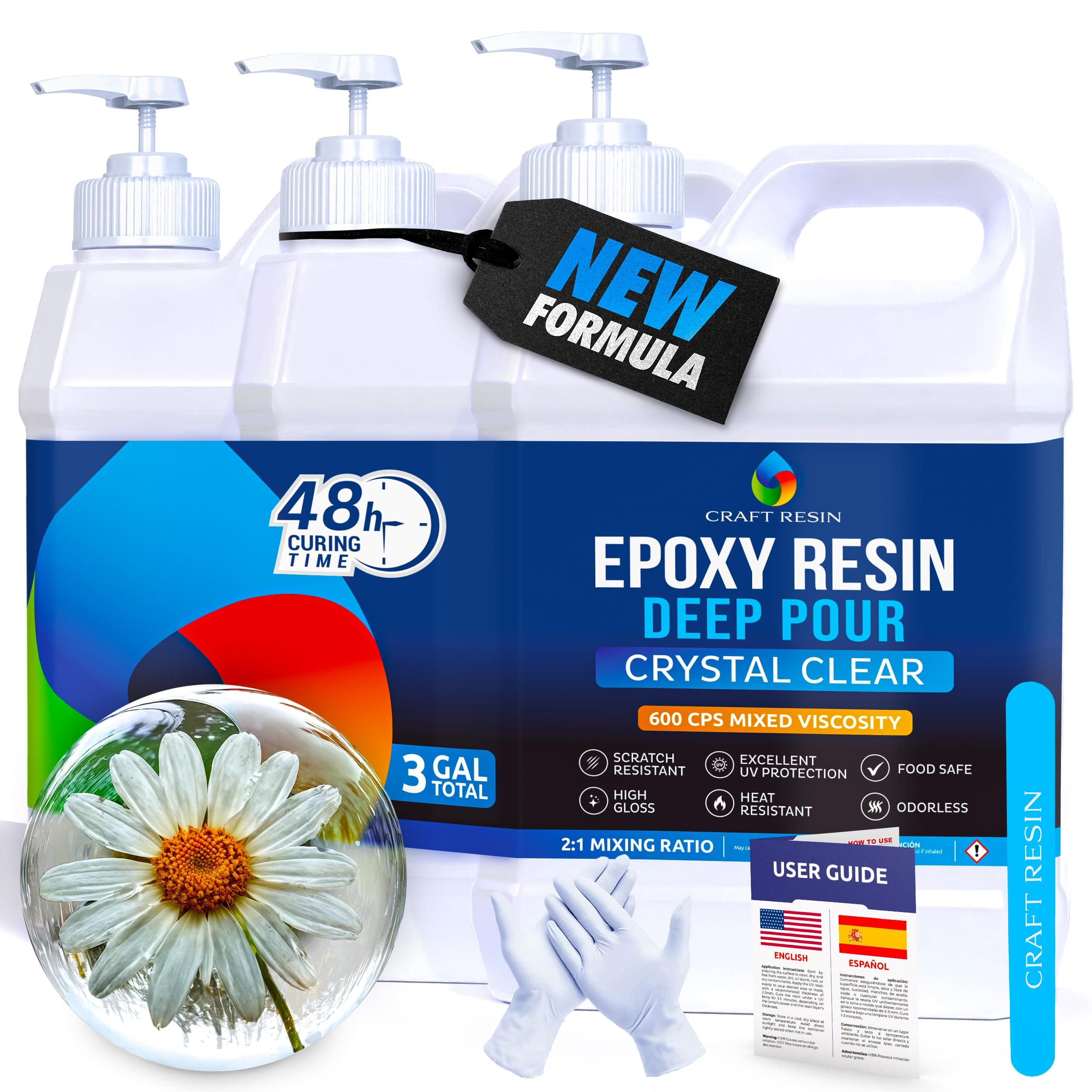 CRAFT RESIN Deep Pour Epoxy Resin Kit 3 Gallon – for 2” Pours, Casting Resin Epoxy for River Tables, Wood, Flower Preservation & DIY Crafts – Crystal Clear & Bubble Free, UV Resistant & Food Safe