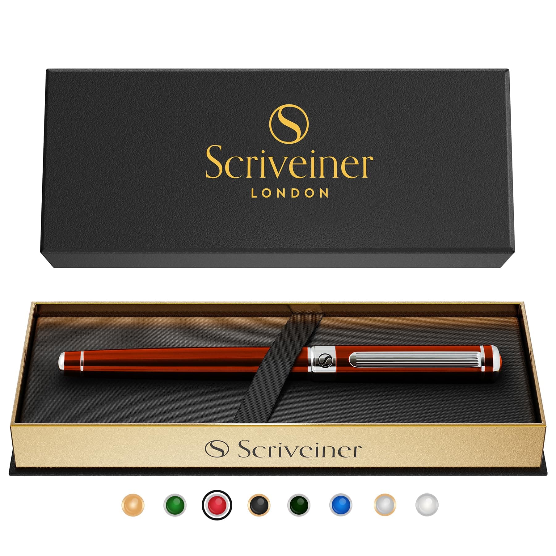 Scriveiner Deep Crimson Red Rollerball - Stunning Red Lacquer Luxury Pen with Chrome Finish, Schmidt Ink Refills, Roller Ball Pen Gift Set for Men & Women, Professional, Executive, Office, Nice Pens