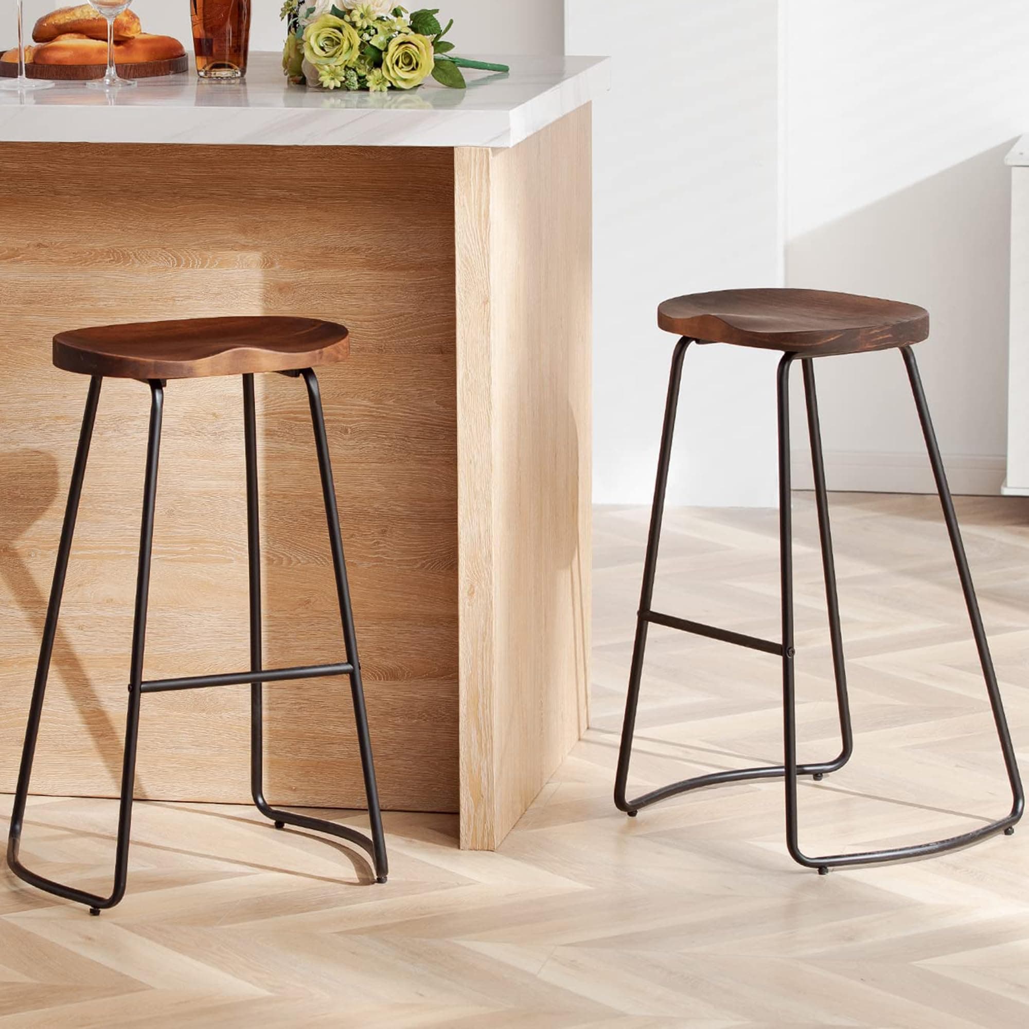 HeuGah Bar Stools, Solid Wood Barstools Set of 2, 30" Bar Height Bar Stools with Metal Leg, Rustic Backless Bar Stools for Kitchen Island, Bar Chairs with Solid Wood Saddle Seat (Walnut, 30 Inch)