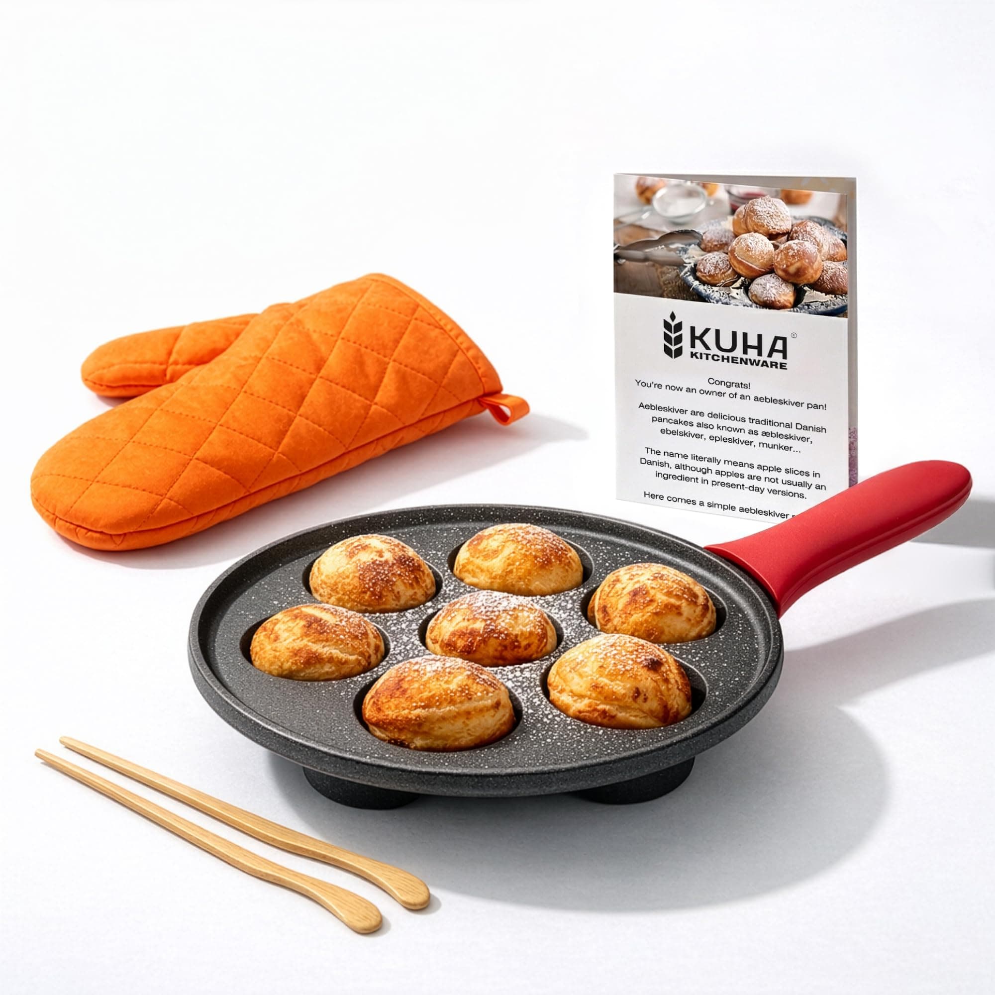 KUHA Cast Iron Aebleskiver Pan | Pre-Seasoned Pan for Authentic Danish Pancake Making, Poffertjes, Takoyaki, Appam & Paniyaram | Silicone Handle, Oven Mitt & Bamboo Skewers Included | 7.9" Diameter