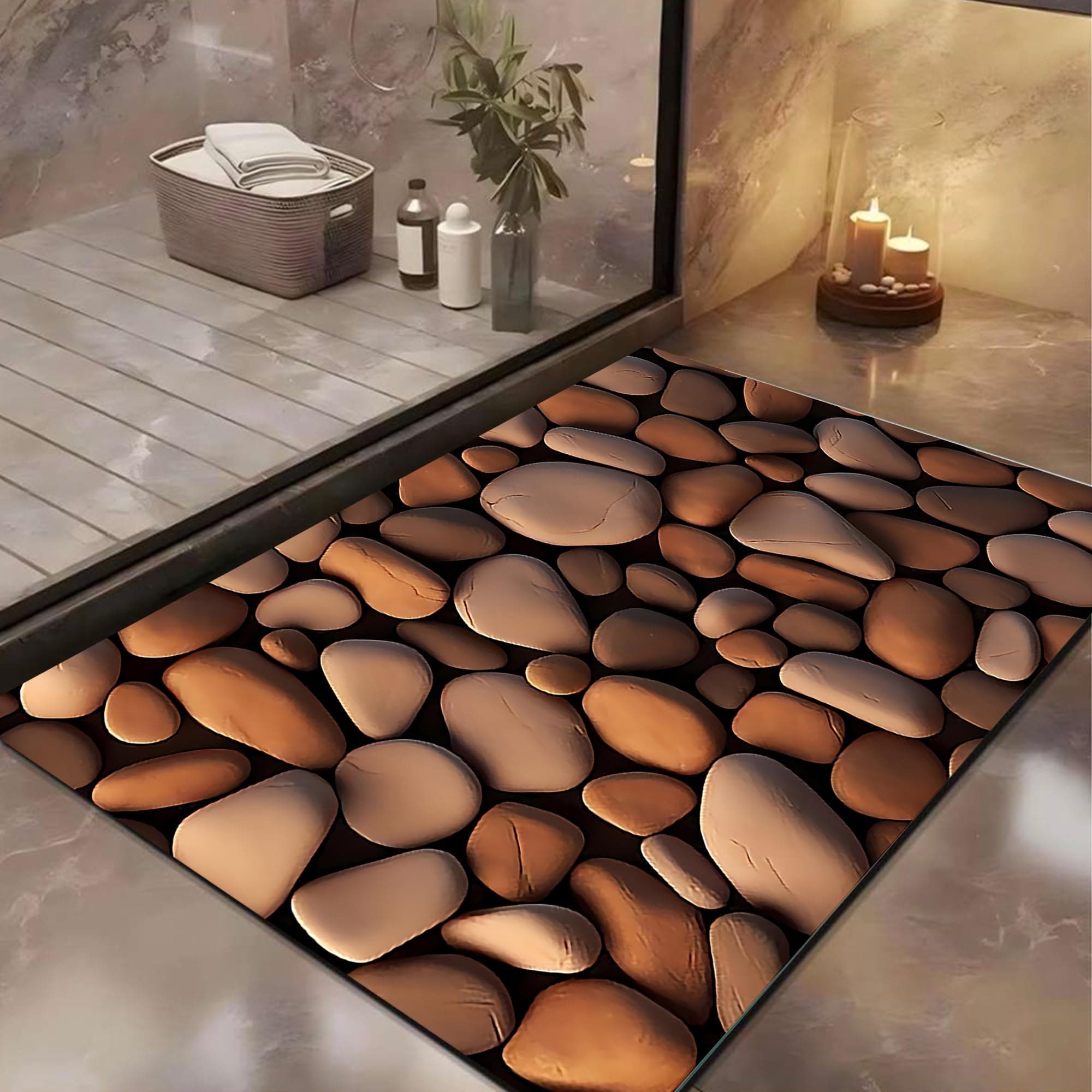 Yellow Weaves Synthetic Rubber 3D Patterned Rectangular Anti Slip Water Soaking Floor Mat, Water Absorbent Non Slip Bath Mat, Quick Dry Mat for Bathroom, Door Mat (Pack of 1) - Brown Stone