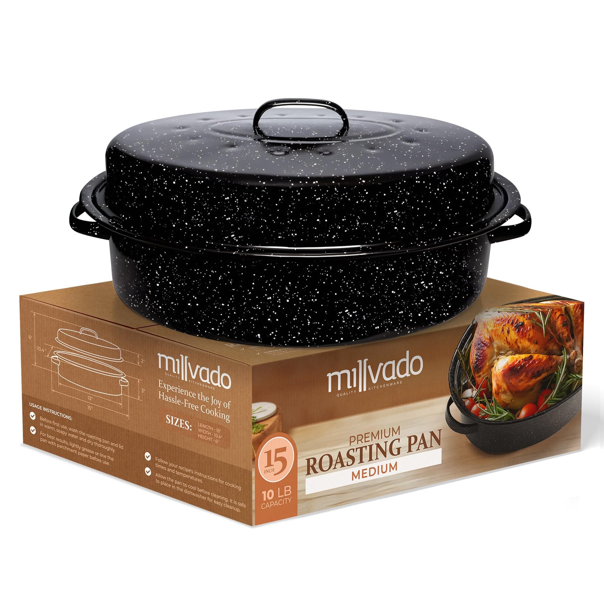 Millvado Granite Roasting Pan, 12 lb Capacity Turkey Roasting Pan with Lid, 16" Granite Oven Roaster Oval Shaped Speckled Enamel on Steel Cookware