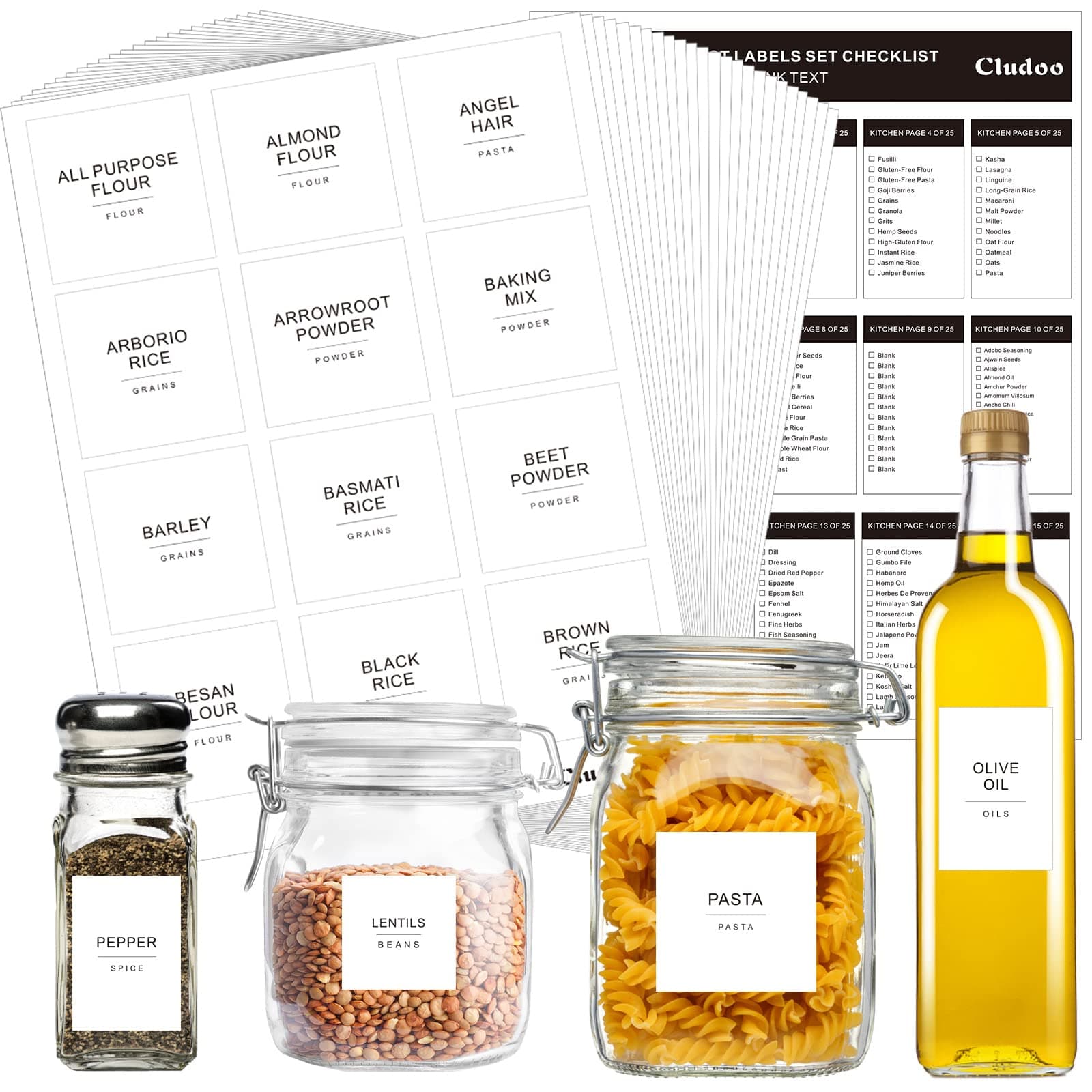 Cludoo 434 Pcs Kitchen Pantry Labels for Food Containers with DIY Blank Labels,3 Sizes Preprinted Minimalist Waterproof Pantry Kitchen Labels, Pantry Kitchen Organization Labels for Jar, Bottles,Boxes