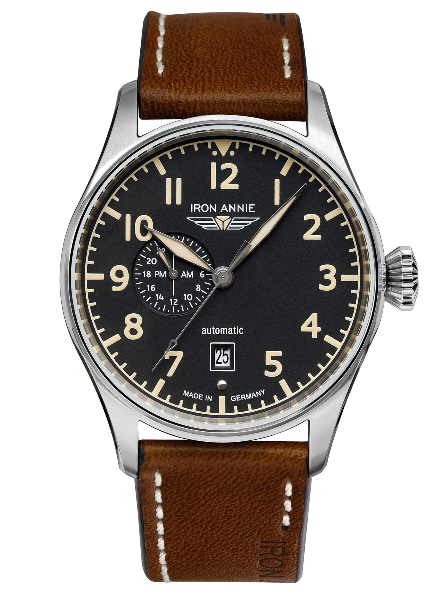 Iron Annie Flight Control 5168-2 Men's Automatic Watch with 24 Hour Display Black with Brown Leather Strap
