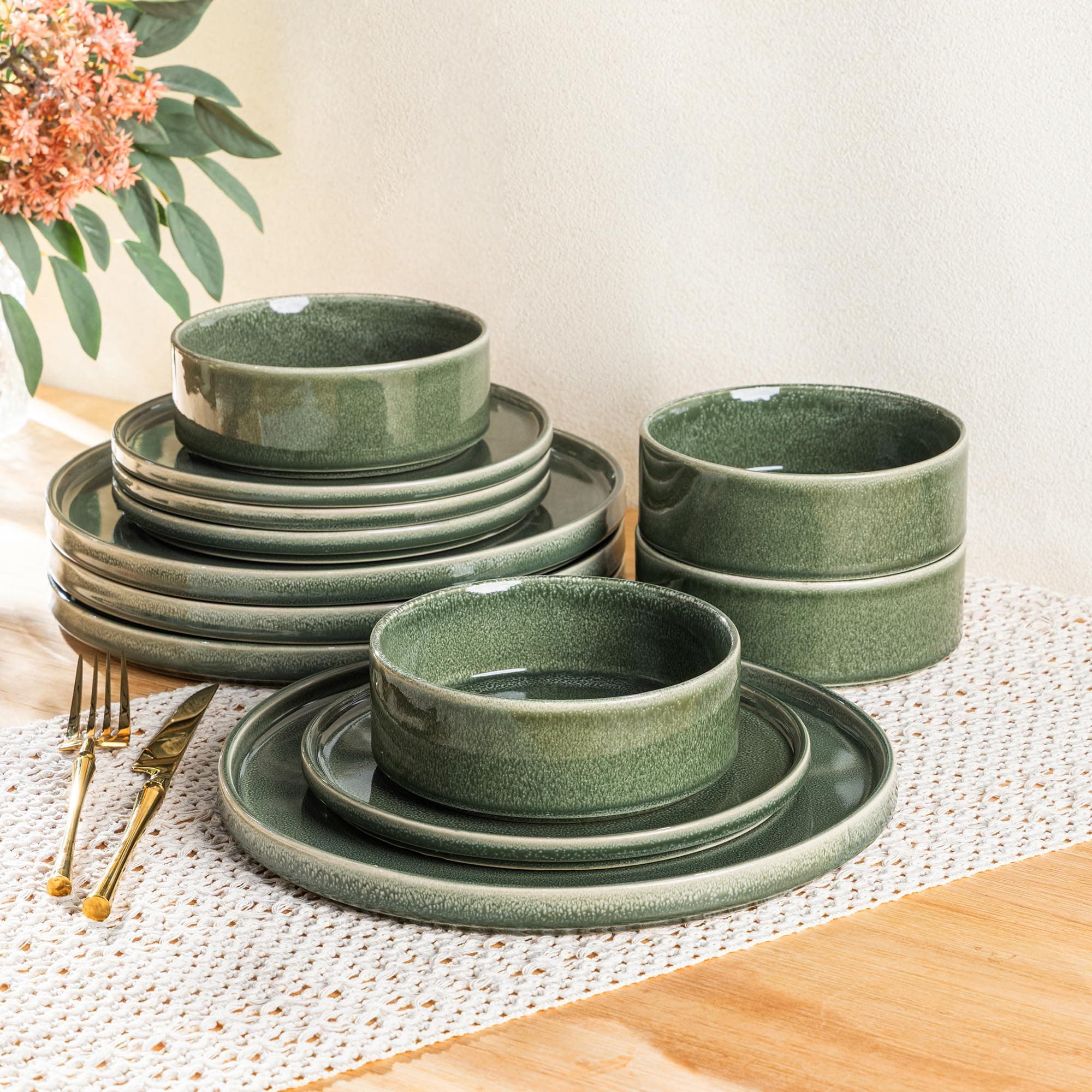 AmorArc Ceramic Dinnerware Sets, Handmade Reactive Glaze Stoneware Plates and Bowls Sets,Highly Chip and Crack Resistant | Dishwasher & Microwave Safe Dishes Set, Service for 4 (12pc)