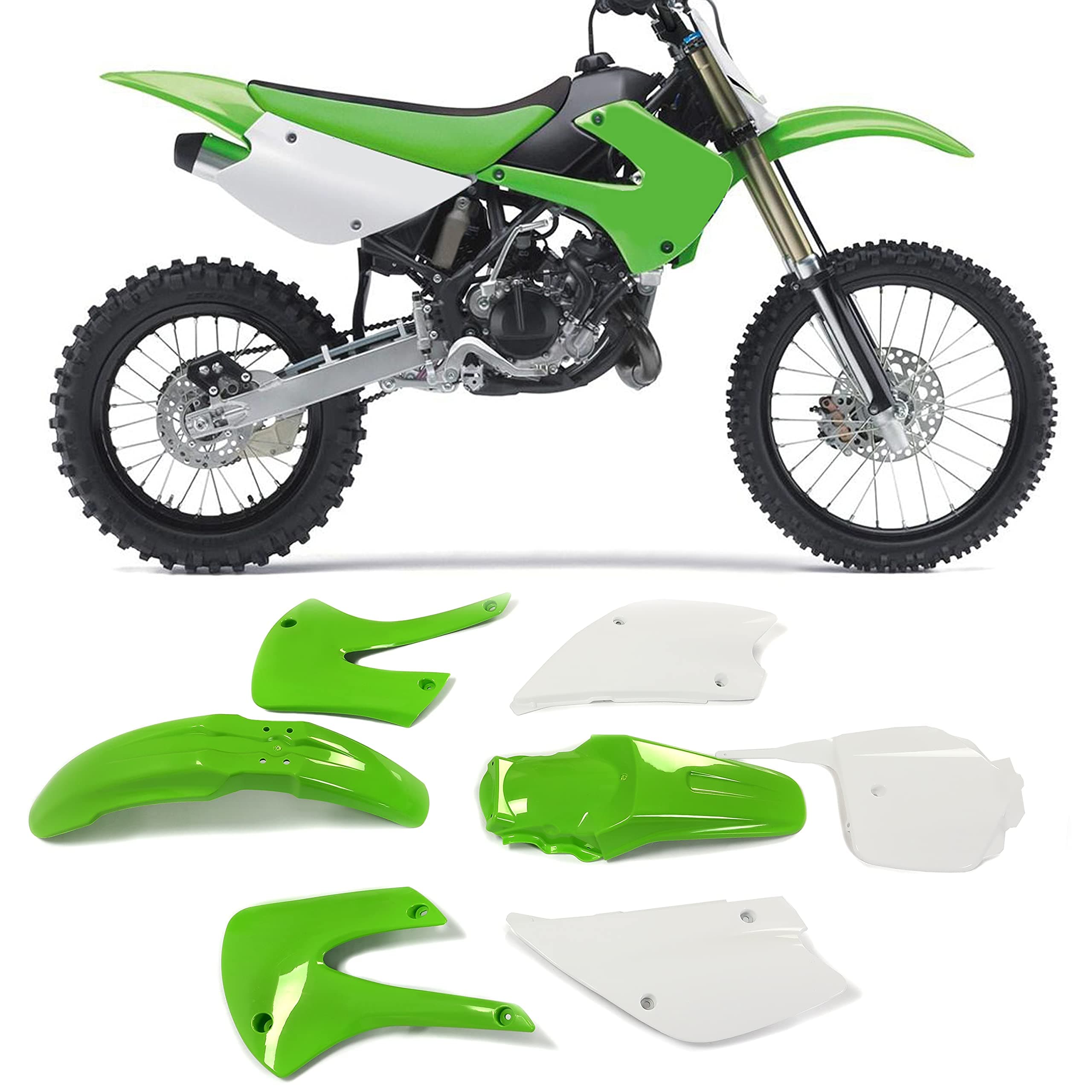 Kojem Full Plastic Kit Bodywork Compatible With 2001-2013 Kawasaki KX85 KX100 (Green+White)