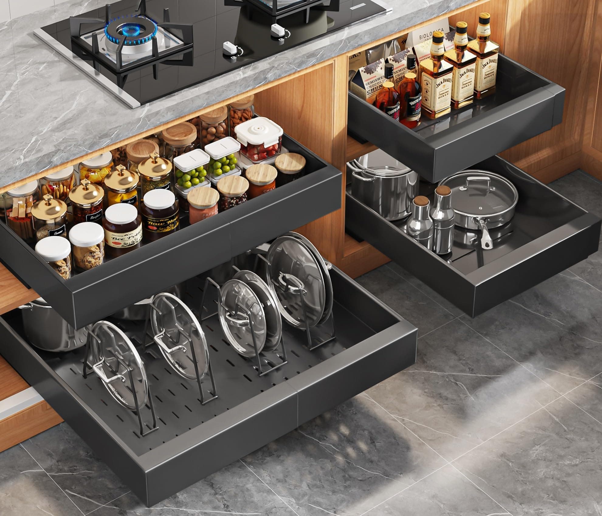 4Pack Expandable Pull Out Cabinet Organizer 21"Deep With Raising Pad for Framed Cabinets,Slide Out Drawers with 4pcs Divider Racks,Roll Out Shelves Adhesive,Adjustable Width 12.05"-20.4"Black