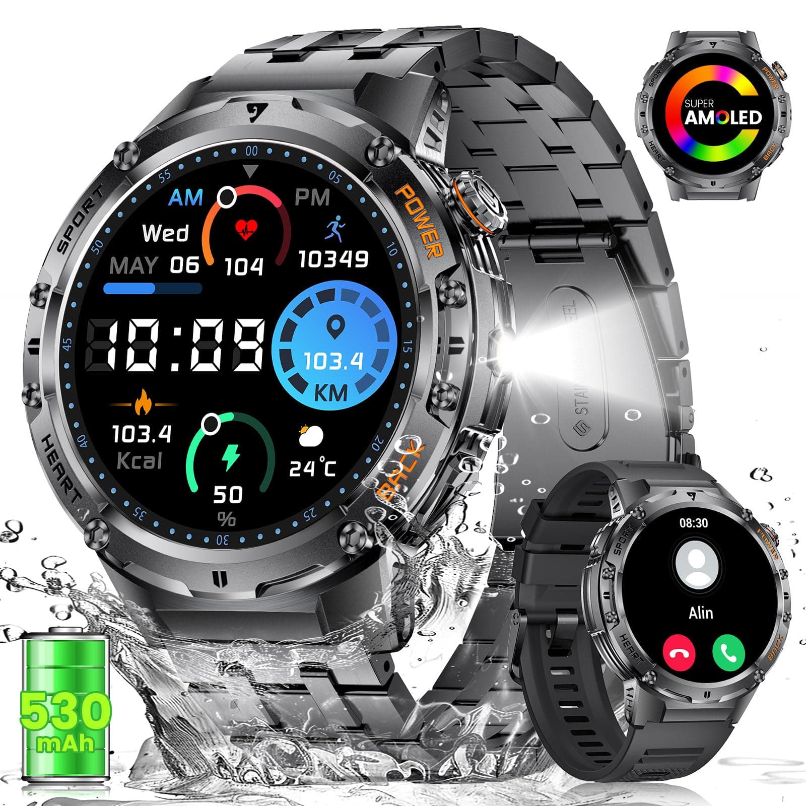 LIGE Military Smart Watches for Men with LED Flashlight(Answer/Make Calls),530mAh Large Battery,1.43’’ AMOLED,5ATM Waterproof Smartwatch for Android iOS,130+Sport Modes Heart Rate/Sleep Monitor Black