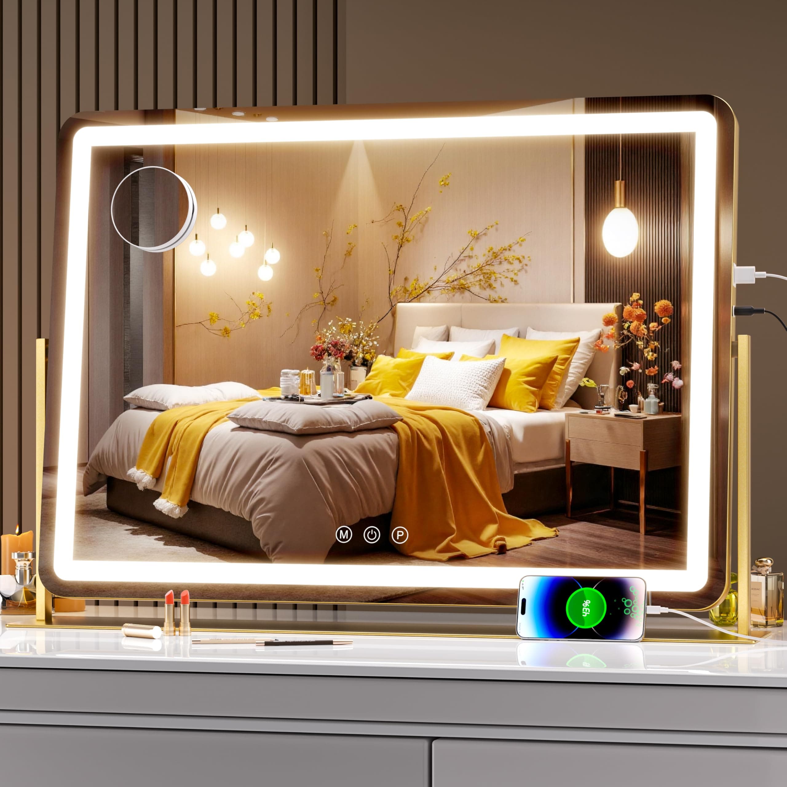 Hasipu Large LED Vanity Mirror 30"x21" - Makeup Mirror with 5X Magnification, Phone Holder, USB Charging, Smart Touch 3-Color Lighting & 360° Rotation (Gold)