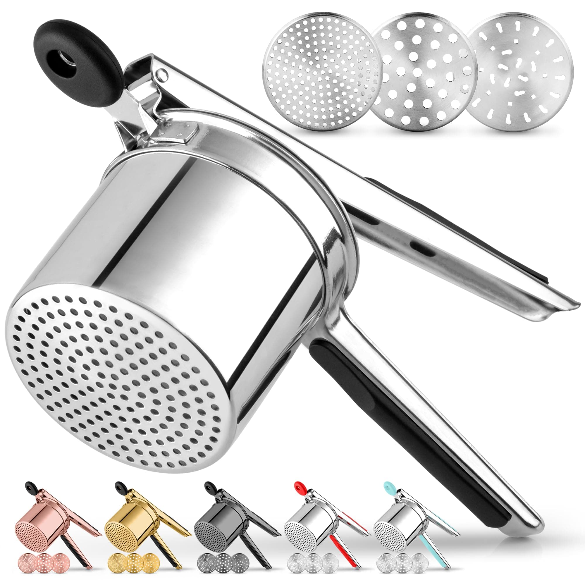 Zulay Kitchen Large 15oz Potato Ricer with 3 Interchangeable Discs - Heavy Duty Stainless Steel Potato Masher - Ricer Tool with Non-Slip Handle - Spaetzle Maker Press (Black/Silver)
