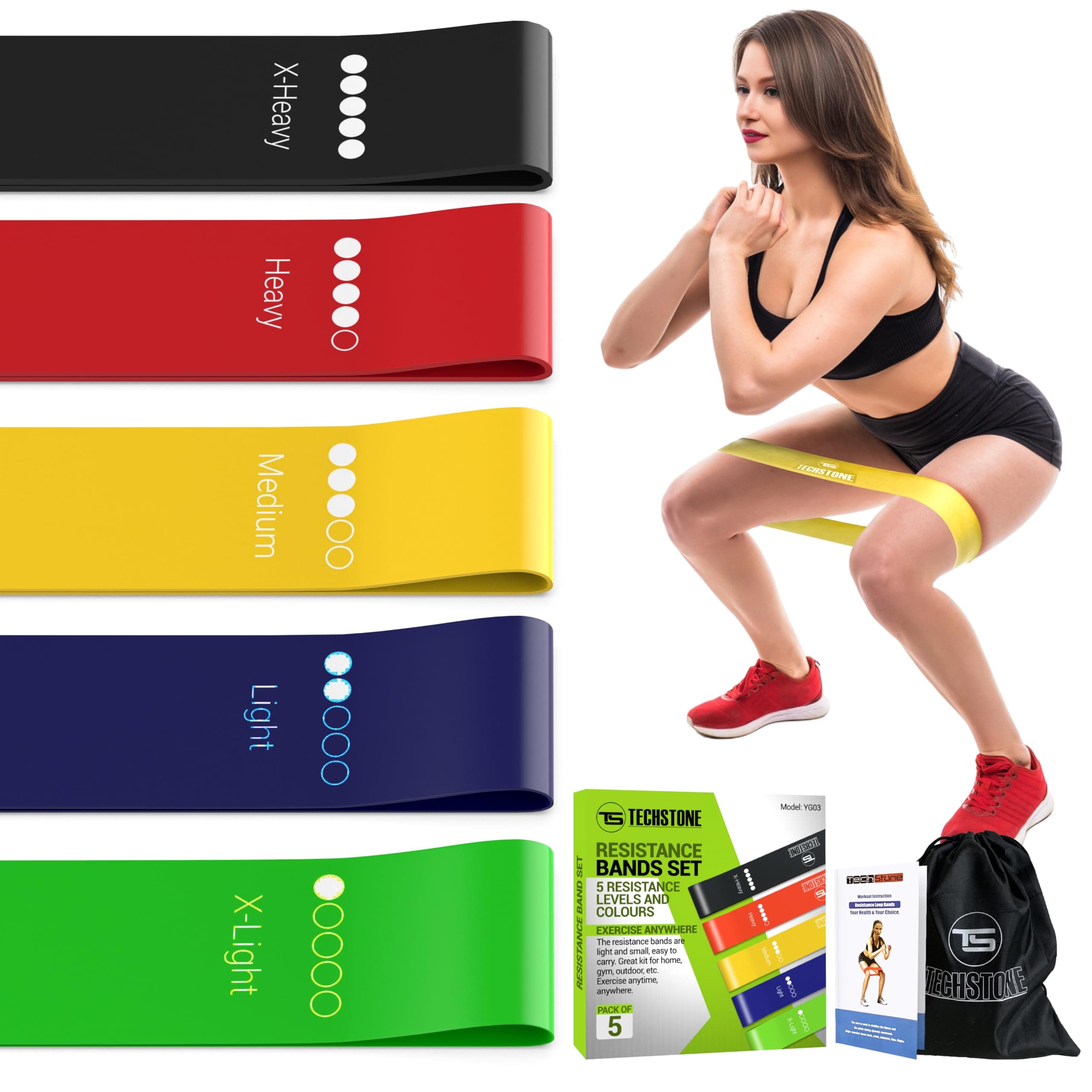 TechStone Resistance Bands Set – 5 Levels Loop Exercise Bands for Men & Women, Elastic Workout Bands for Home Gym, Training, Yoga & Fitness, Carry Bag Included