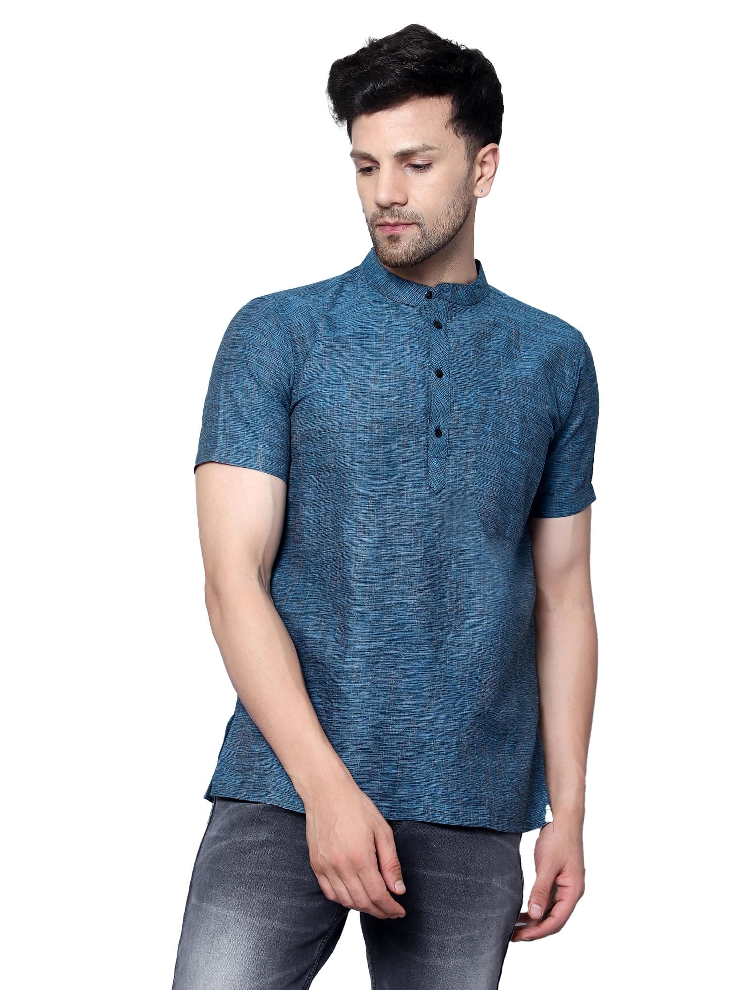 LATEST CHIKAN Men's Cotton Blend Regular Textured Short Kurta Half Sleeves - Casual Ethnic Wear