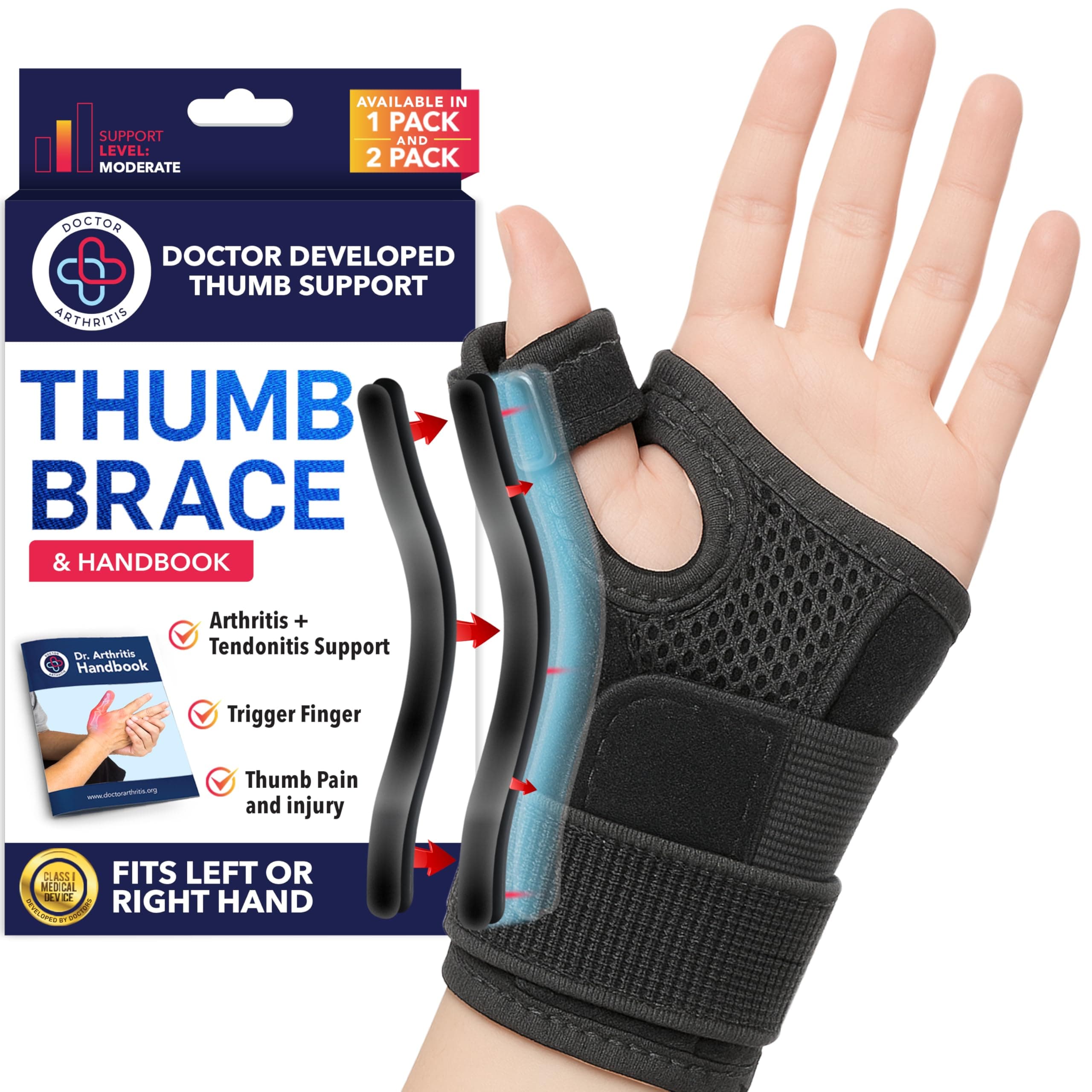 Doctor Developed Thumb Support & Doctor Handbook/Finger Splint For Arthritis, Thumb Splint Right Or Left Hand, Wrist Support & Thumb Spica Splint (Black, Single)