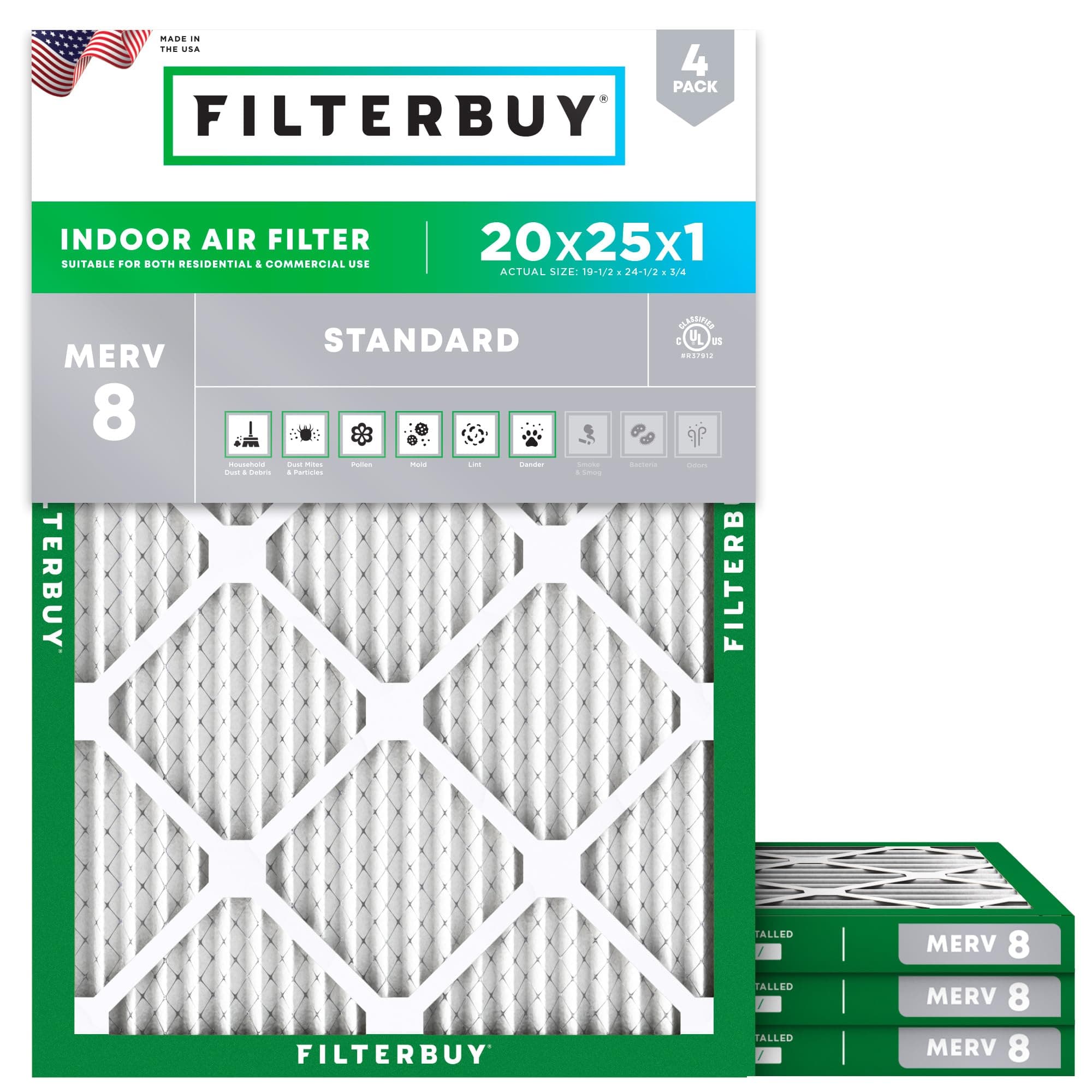 Filterbuy 20x25x1 Air Filter MERV 8 Essential Dust & Allergy Defense (4-Pack), Electrostatic Pleated HVAC AC Furnace Filters Replacement (Actual Size: 19.50 x 24.50 x 0.75)