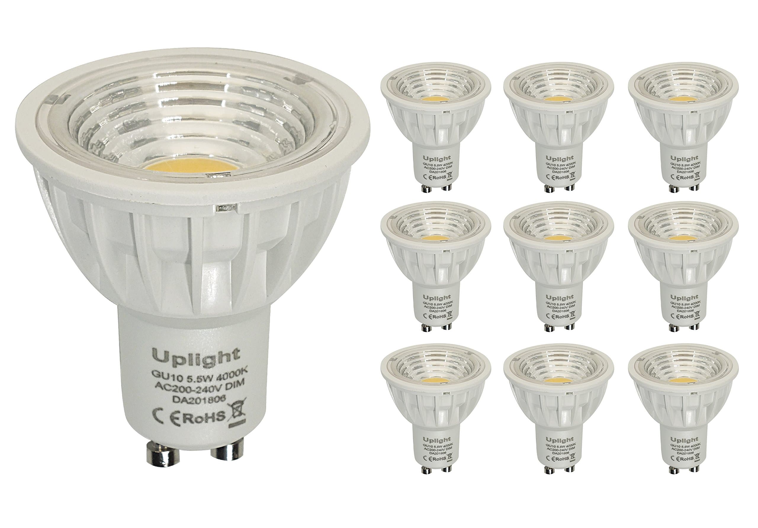 Dimmable Gu10 5.5W LED Spotlight,Equivalent 50W-60W Halogen Bulbs,550LM 4000K Natural White,RA90,90 Degree Beam Angle,Pack of 10 Units.