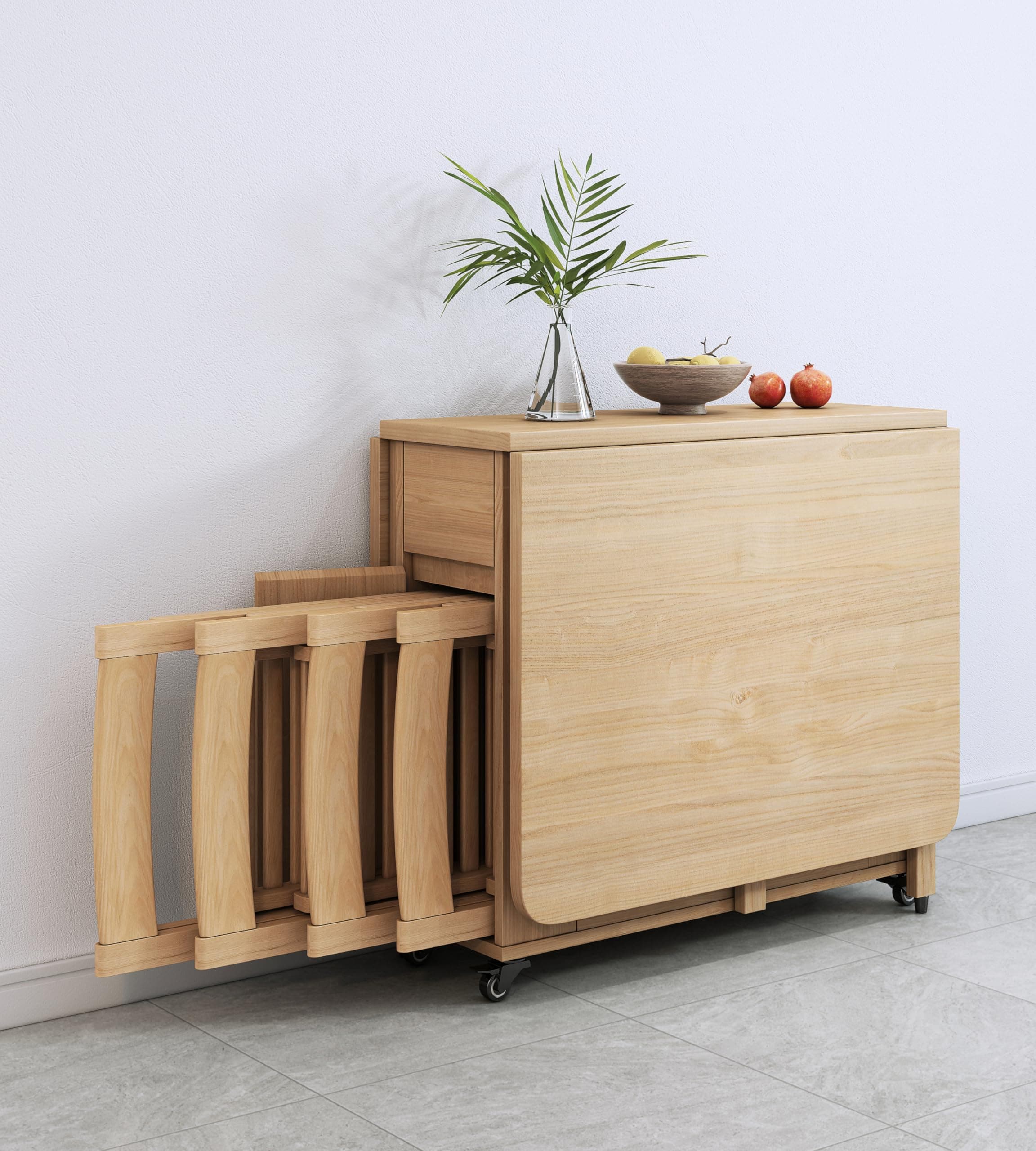 ElevaHome Foldable Dining Table Set with 4 chairs, 1 Storage Drawer, Space Saving for Home Living Room and Kitchen (Wood)