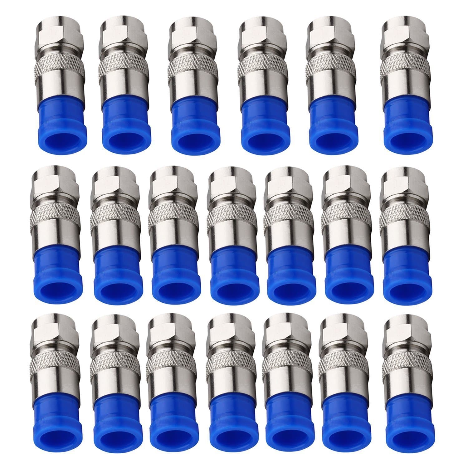 RG6 F Type Connector Coax Coaxial Compression Fitting, Coax Adapter Pack of 20 (Blue)