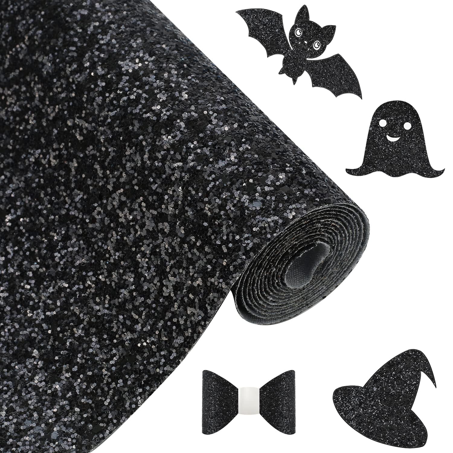 Greatdiy Black Chunky Glitter PU Canvas Roll 12x52inch Bundle Sparkly Shiny Solid Color Halloween Faux Leather for Cricut Bows Earrings Crafts (30cm x 132cm) (16013#1 Black)