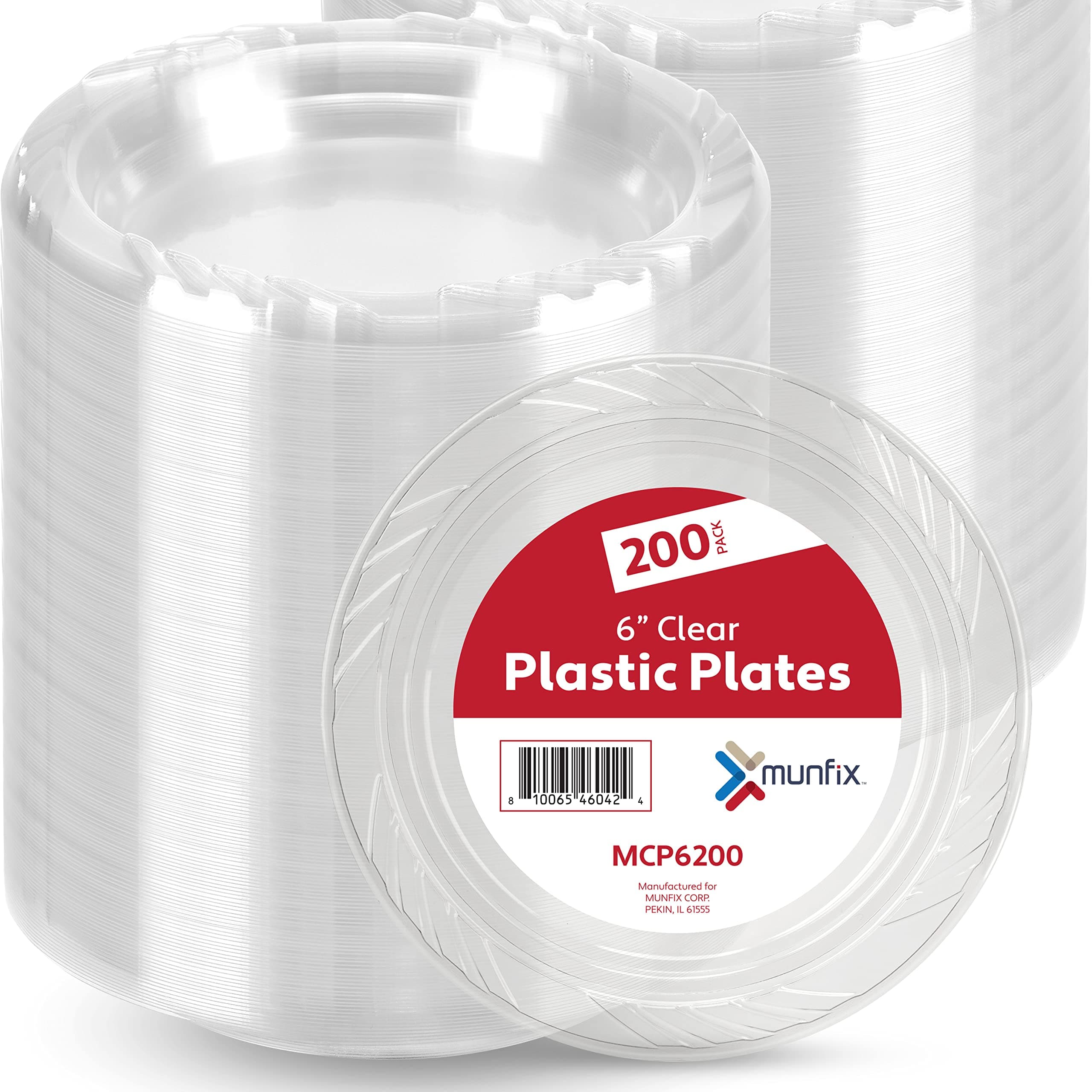 Munfix 200 Clear Plastic Plates Set - 6 Inch Disposable Dessert Plates, Bulk Pack for Party BBQ, Picnic, Parties, Travel and Events, Microwavable Recyclable