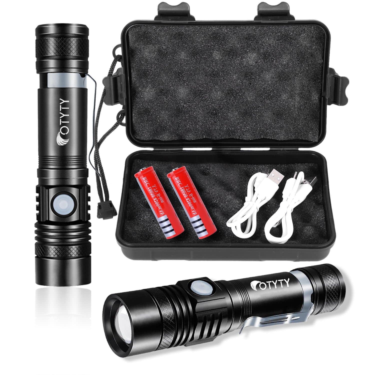 OTYTY USB Rechargeable LED Flashlight, Super Bright High Powered 1000 Lumen Tactical Flashlights Torch with 3 Modes, Pocket Clip, 18650 Battery and USB Cable For Camping Hiking (2 Pack).