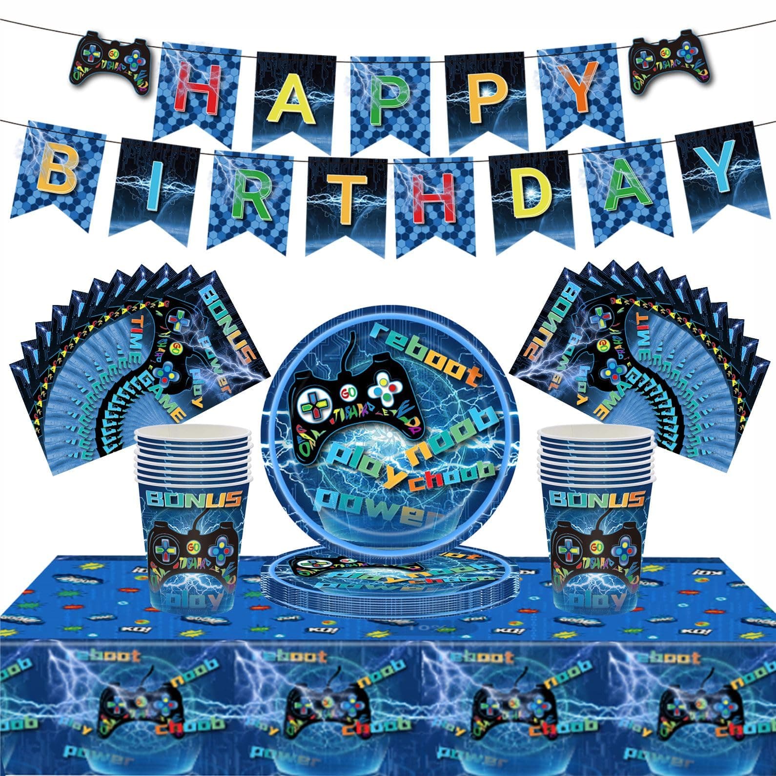 54Pcs Blue Party Game Tableware Decorations - Boy Birthday Table Cloth, 7inch Paper Plates, Banner, Paper Napkins - Kids Game Controller Theme Party Favor