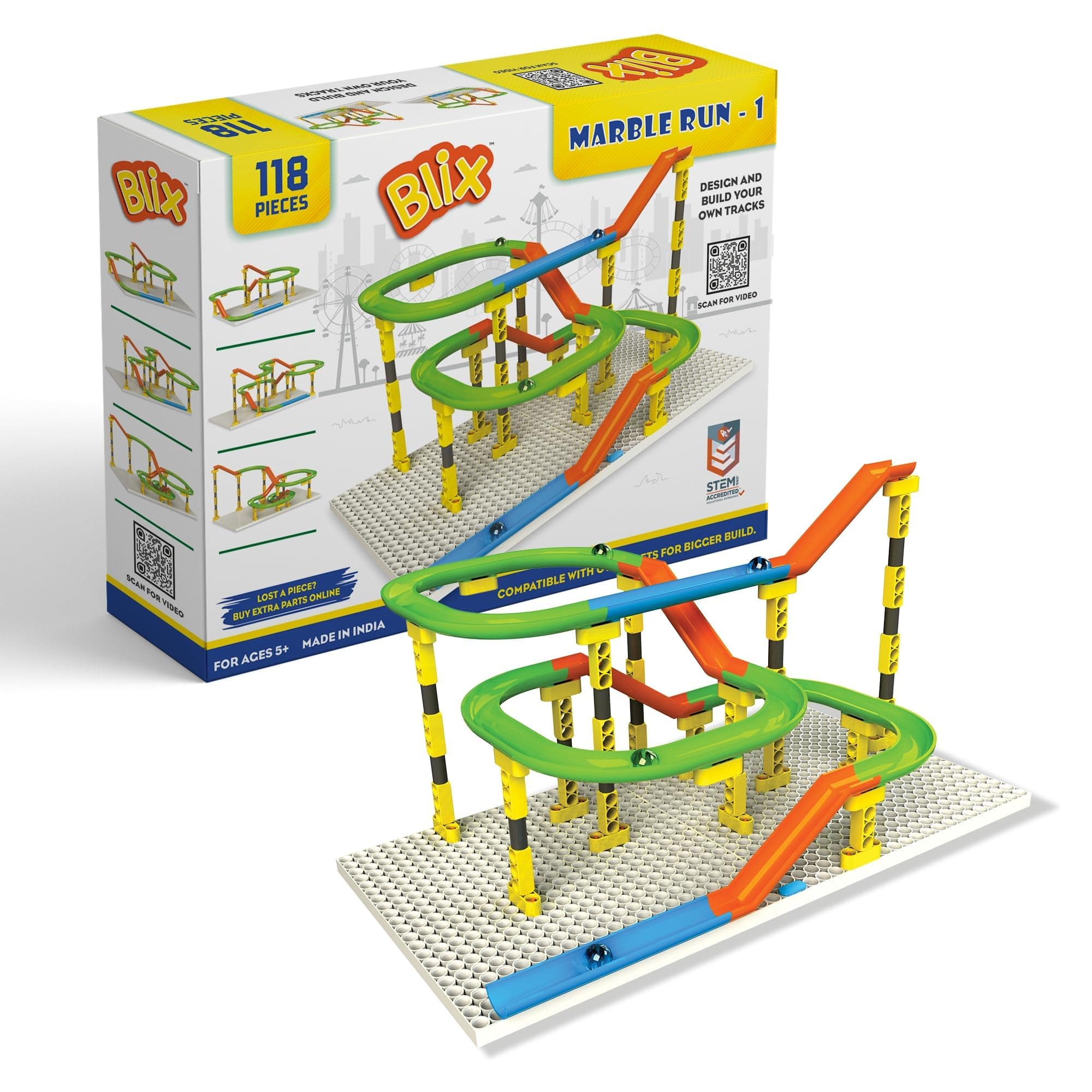 Marble Run - 1, 118 Piece Construction Set, Design and Build Your Own Tracks, Marble Run Toys for Kids, Compatible with Other Brick Brands, Ages 5+, Made in India