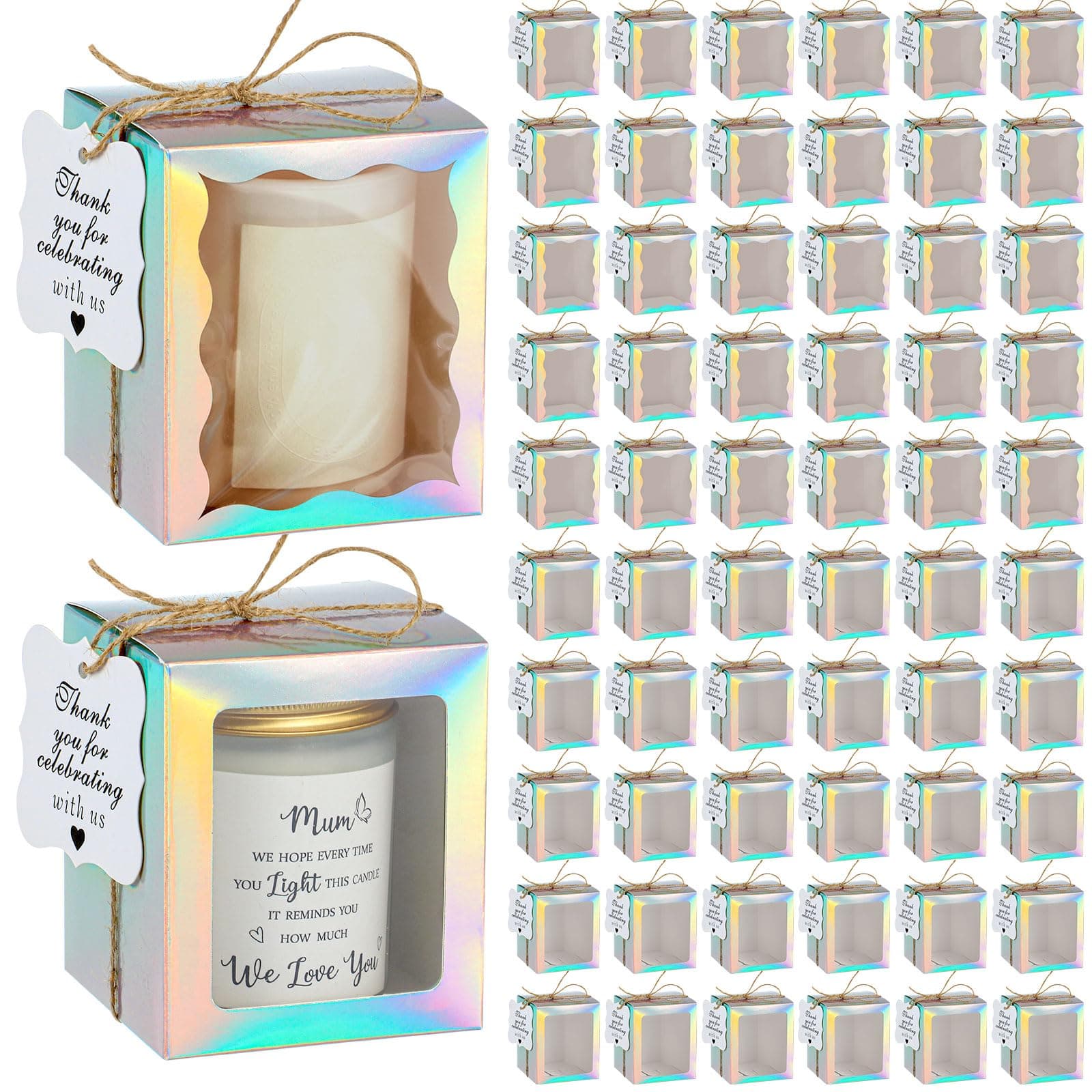ReliThick 100 Set Candle Gift Box Transparent Gift Packaging Box for 4-10 oz Candles 50 Paper Thank You Tag Bundle Hemp Rope for Wedding Baby Shower Party Favor, 3.35x3.35x3.94 in (Laser)