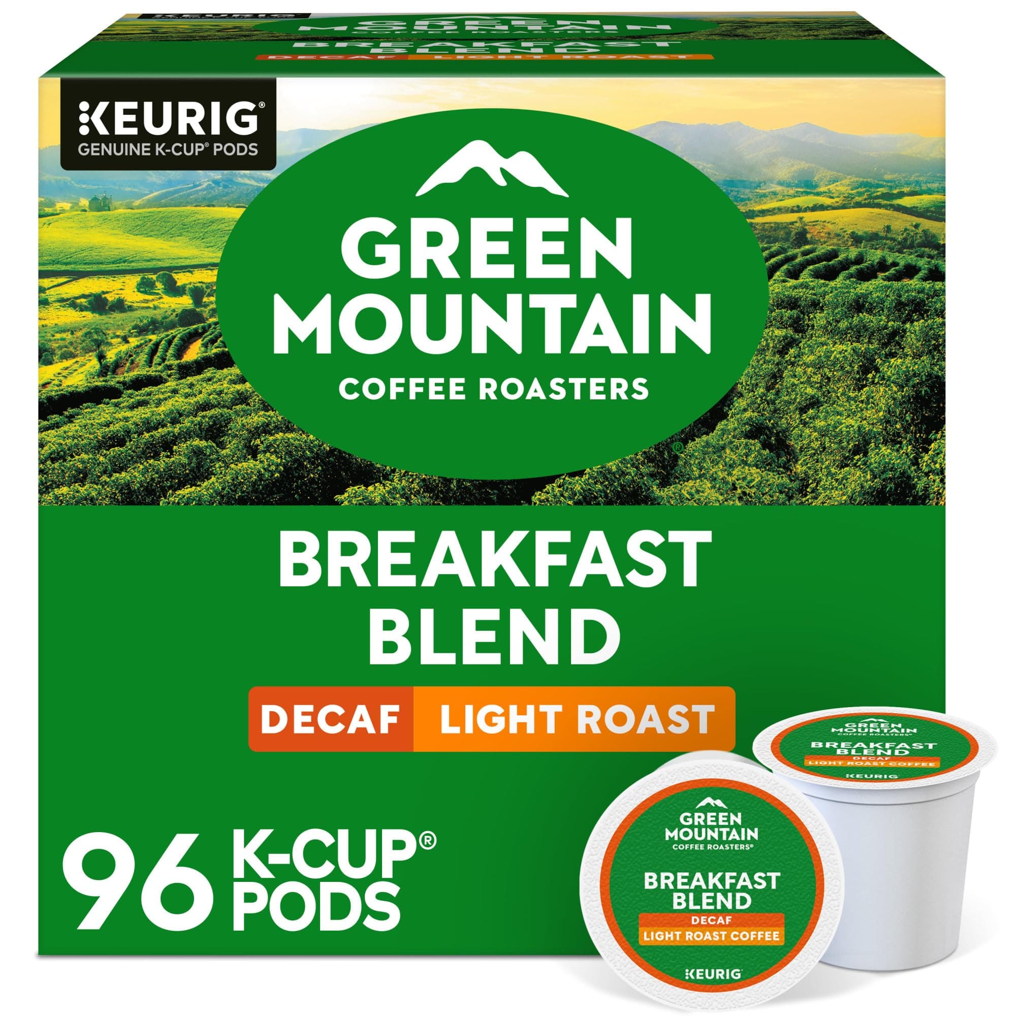 Green Mountain Coffee Roasters Breakfast Blend Decaf Coffee, Keurig Single Serve K-Cup pods, Light Roast, 96 Count