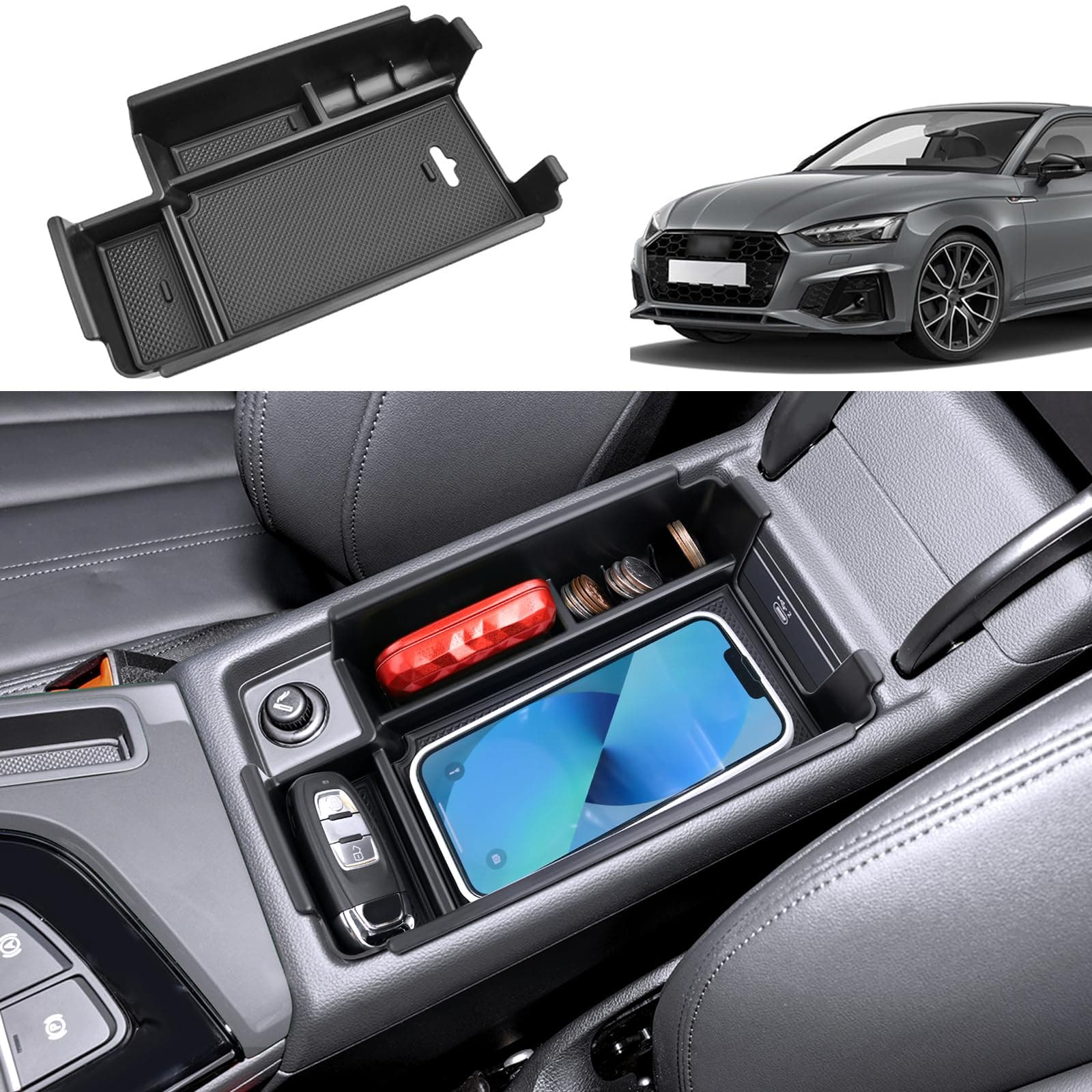 Center Console Organizer for Audi A4 (2017-2024), for Audi A5 (2017-2024), Durable ABS Plastic &Anti-slip Rubber Console Tray Insert Coin Container 2024 A4/A5 Accessories