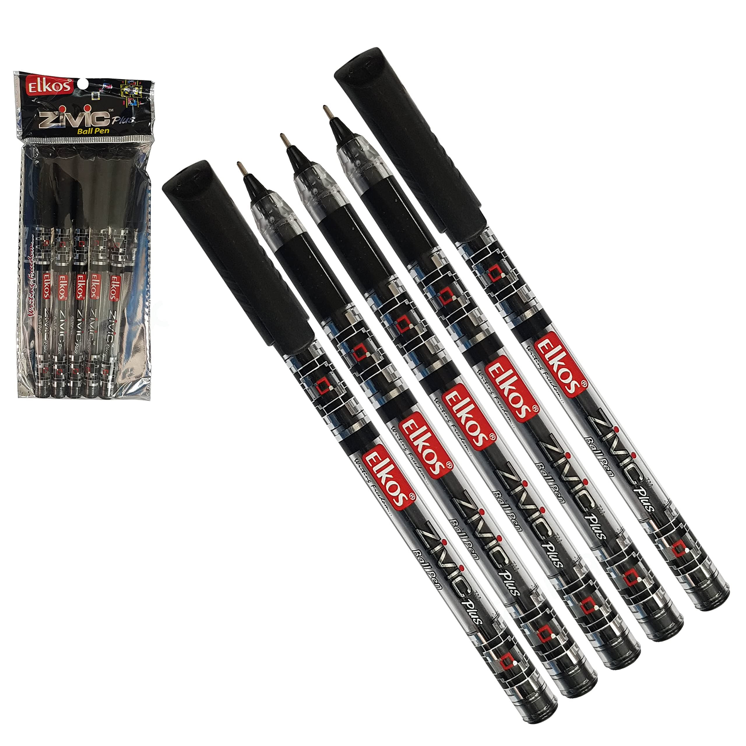 ELKOS BLACK Ballpoint Pens, 0.7mm Fine Point, Pack of 5, Zivic Plus Ball Pens, Smooth Writing, Perfect School Office Home Pens, ZOFAX Black Ball Pen