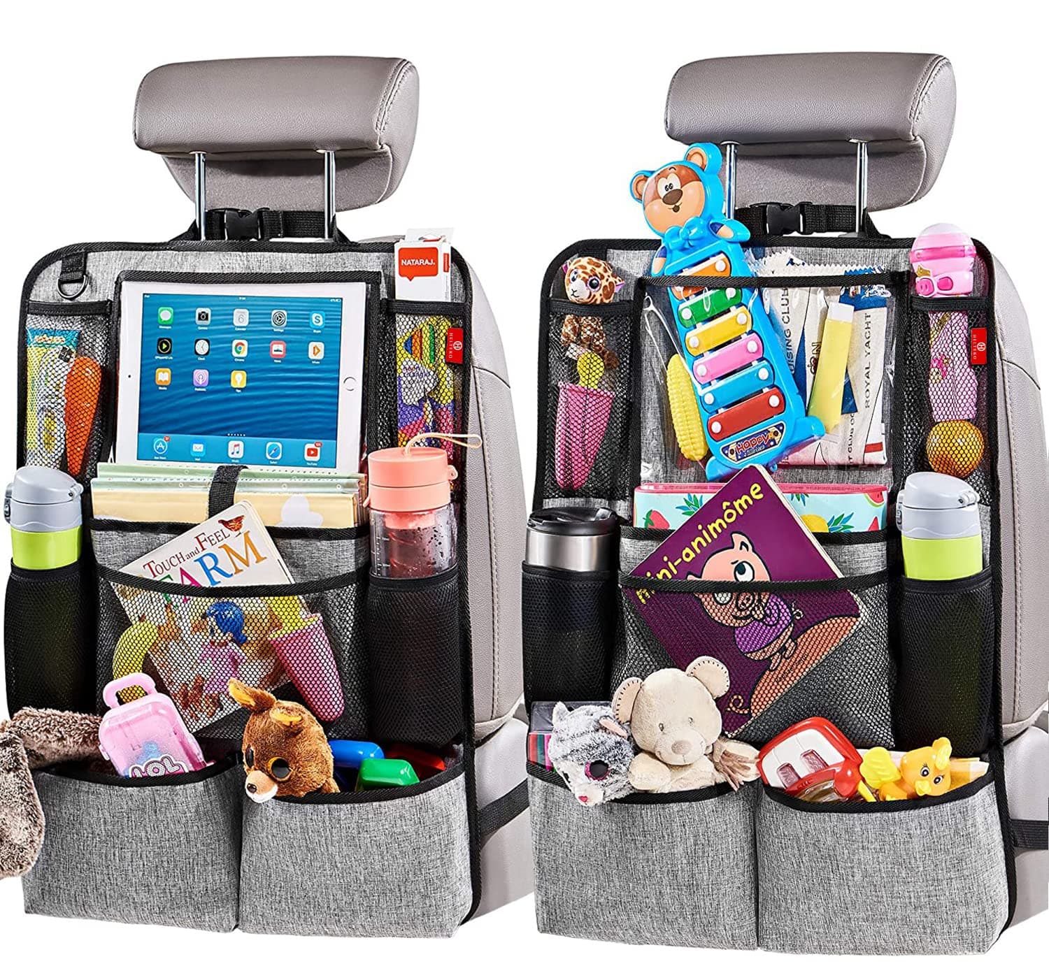 H Backseat Car Organizer, Kick Mats Back Seat Protector with Touch Screen Tablet Holder, Car Back Seat Organizer for Kids, Car Travel Accessories, Kick Mat with 9 Storage Pockets 2 Pack