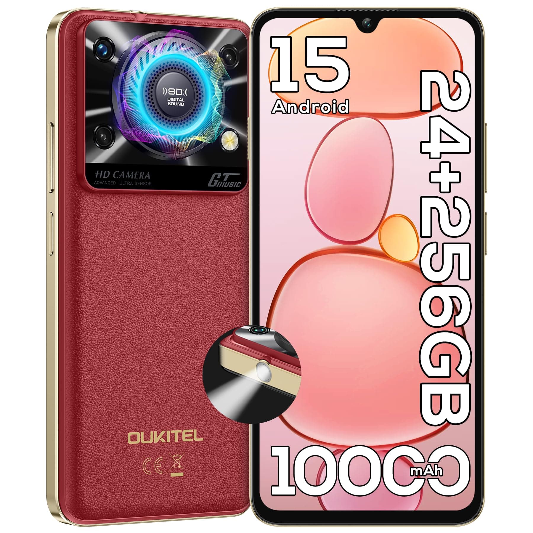 OUKITEL C60 PRO Android 15 Cell Phone Unlocked 2025-24GB+256GB/TF 1TB, 10000mAh Battery, 6.88'' Display Smartphone,110dB Speaker,120LM Flashlight, 13MP Camera, 4G Dual SIM Phones, GPS/NFC/OTG, Red