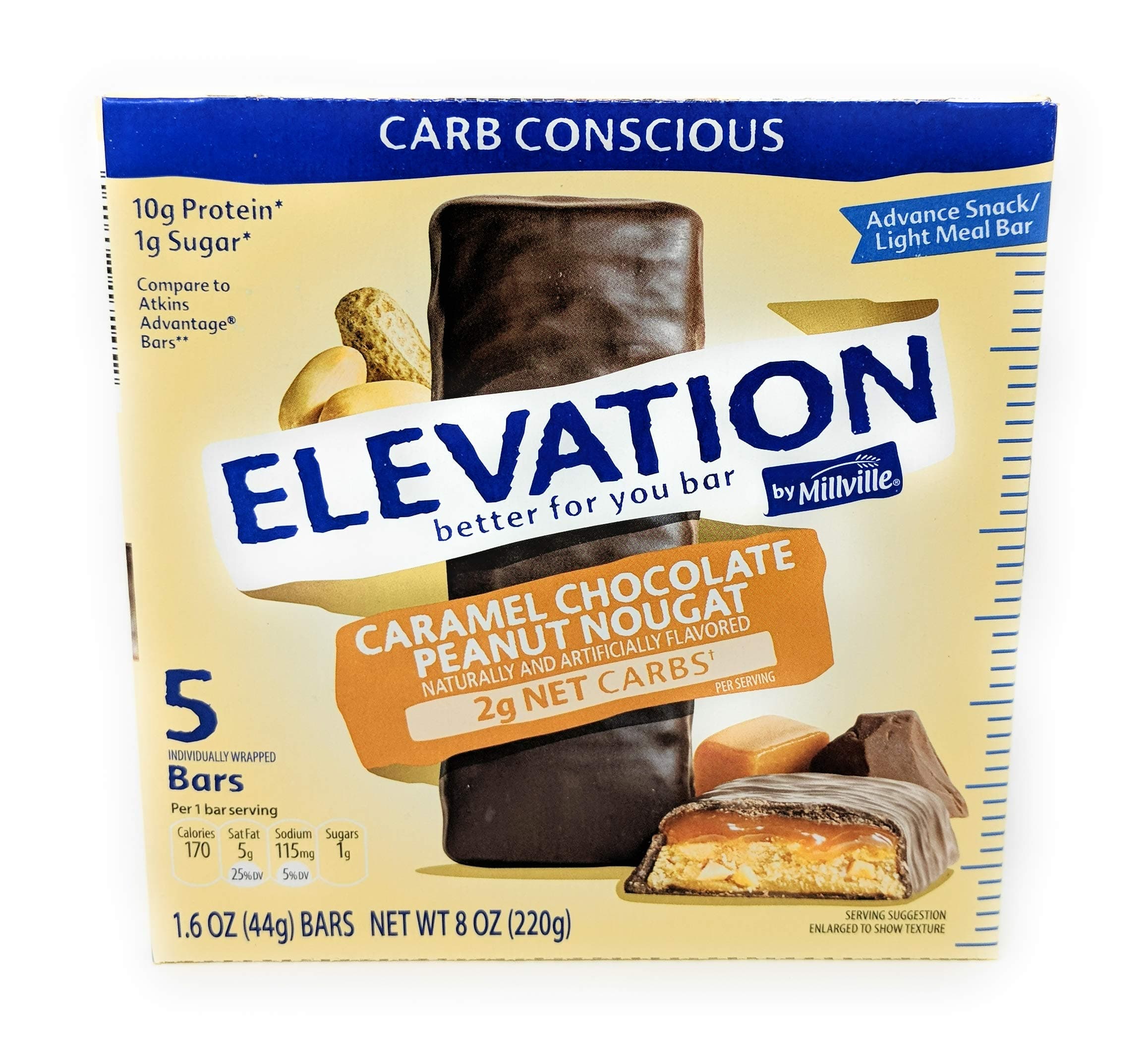Elevation Caramel Chocolate Peanut Nougat Advance Breakfast Bar 1.6 Ounce x 5 Bars (Total 8 Ounces), Pack of 1