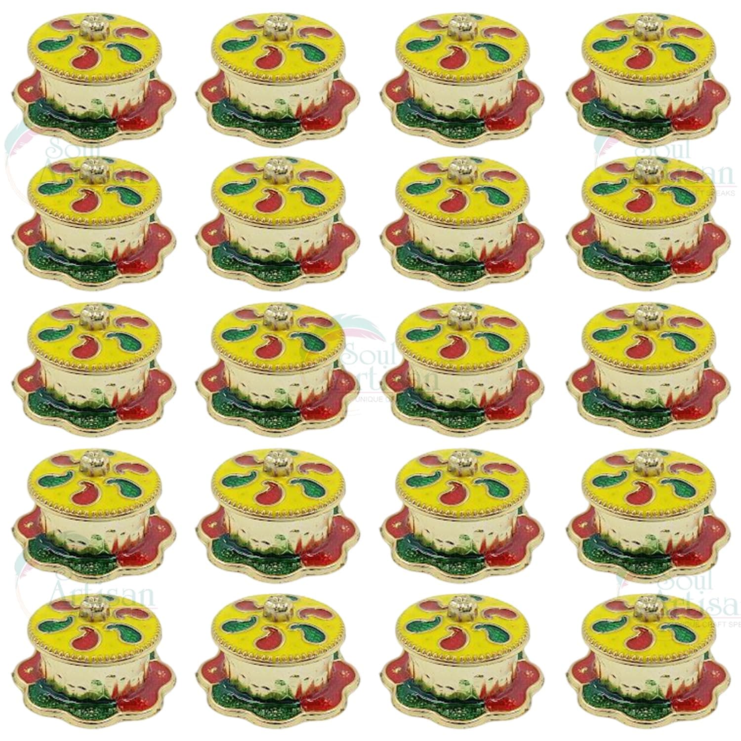 Round Mango Design Single Kumkuma Holder Chimil Box - Plastic Golden Metallic Color(Pack of 20) - Decorative Design Tilak Daani, Sindoor for Women Return Gift, Diwali, Weddings, Pooja