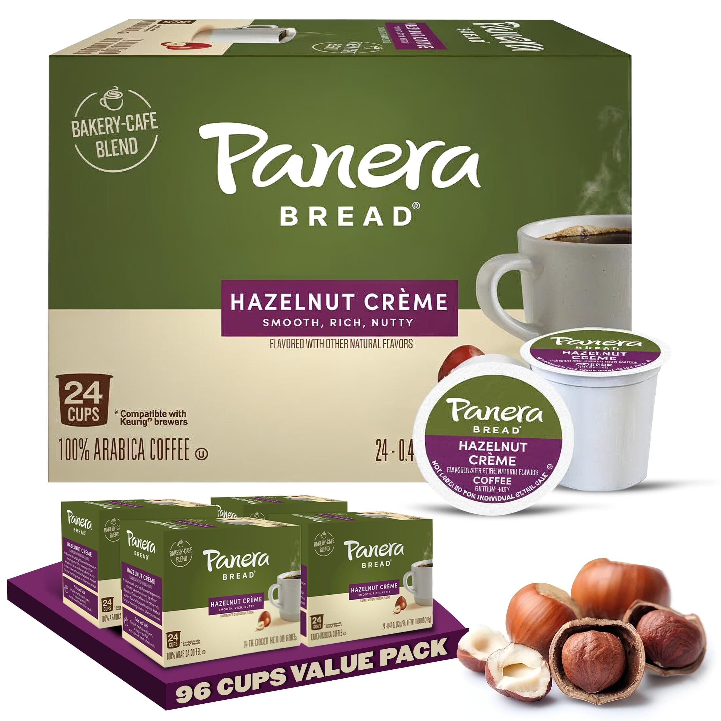 Panera Bread Hazelnut Crème Light Roast Coffee - Cafe-Quality Cup Pods, Smooth Buttery Flavor, 100% Arabica, No Artificial Ingredients, 96 Single Serve Pods (4 Packs of 24)