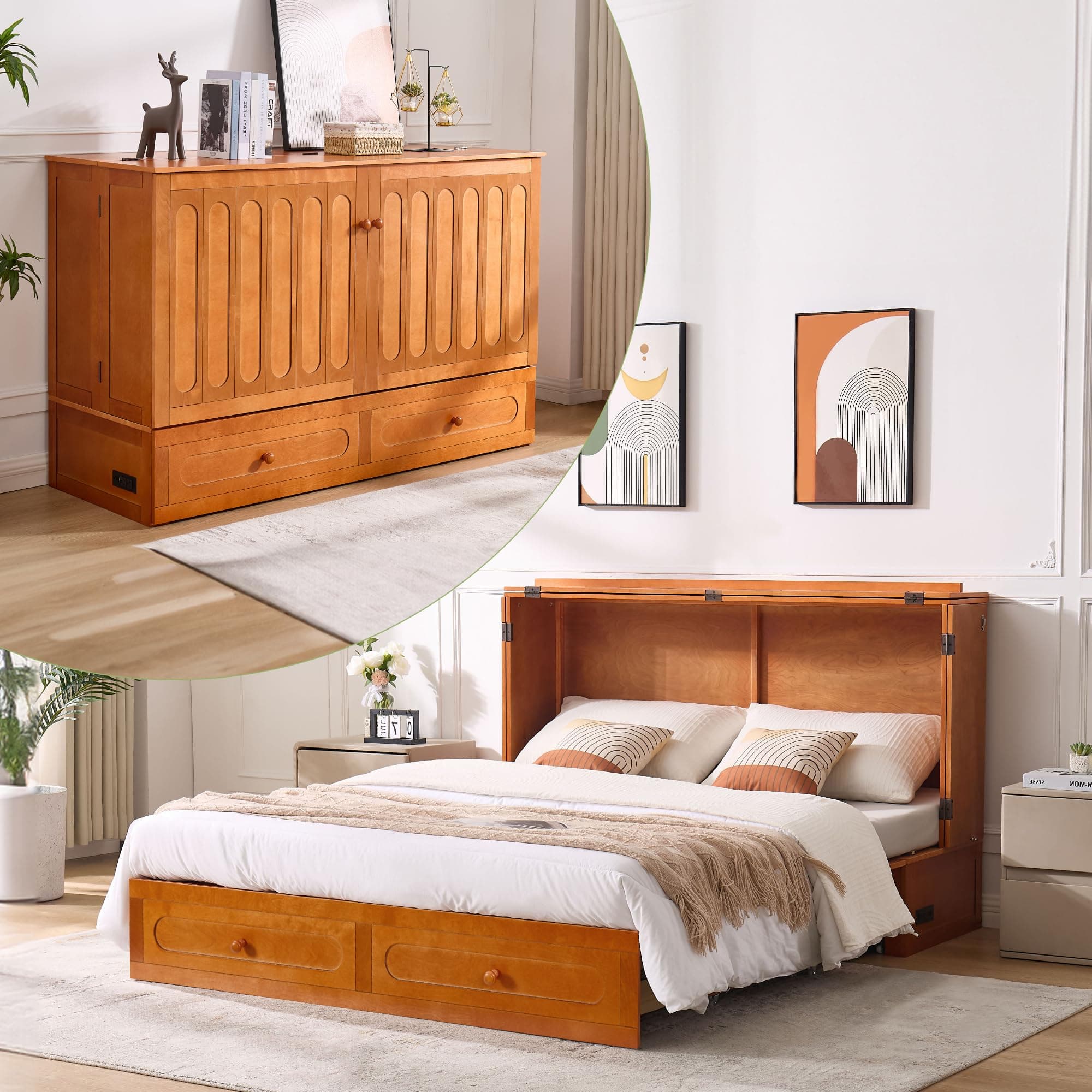 Queen Murphy Bed, Pine Wood Murphy Cabinet Bed with Tri-Folding Mattress,Storage Drawer & USB Charging Station for Living Room Apartment (Brown 3#)