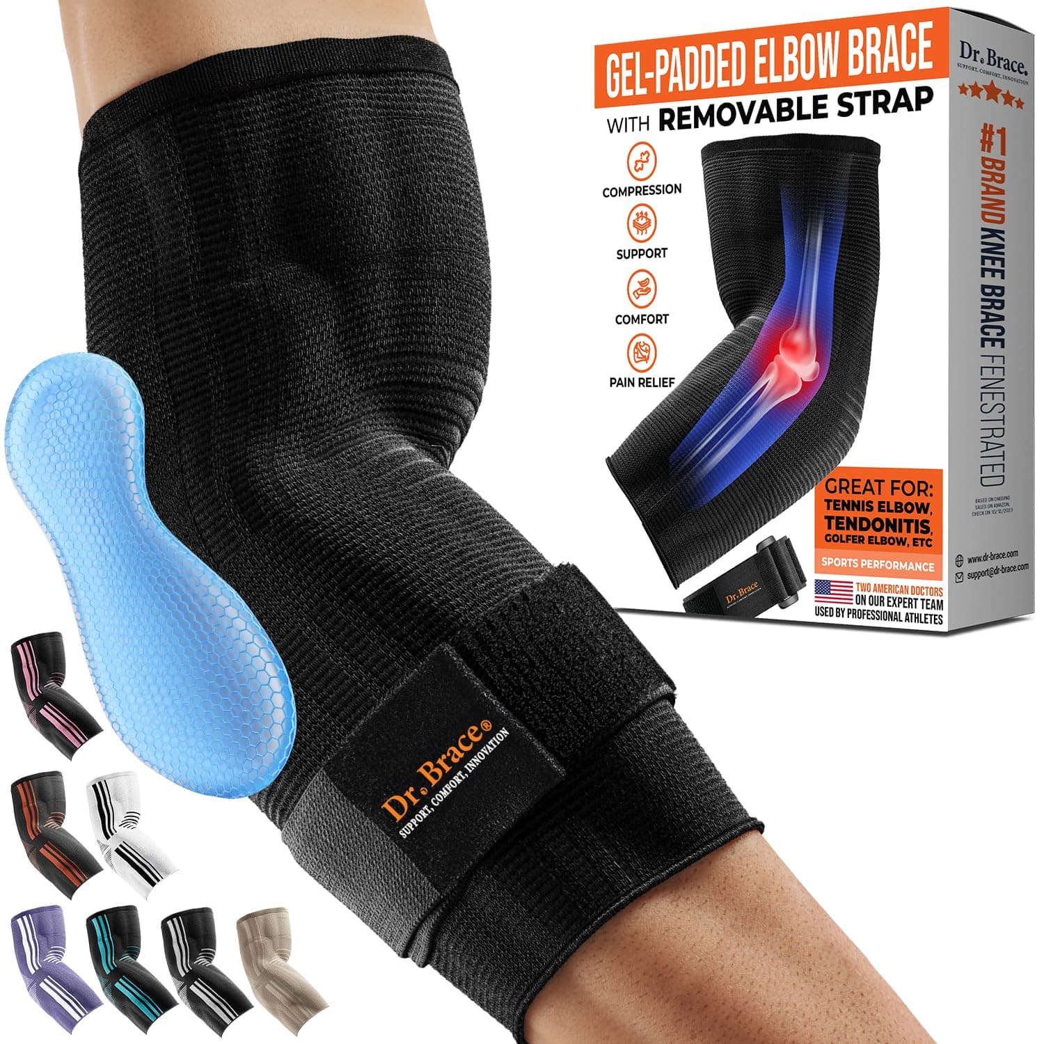 DR. BRACE® Elite Elbow Brace Support, Breathable Elbow Compression Sleeve with Gel Pad for Golfer's, Tennis Elbow & Tendonitis Treatment & Pain Relief 2024 (Black, Medium)