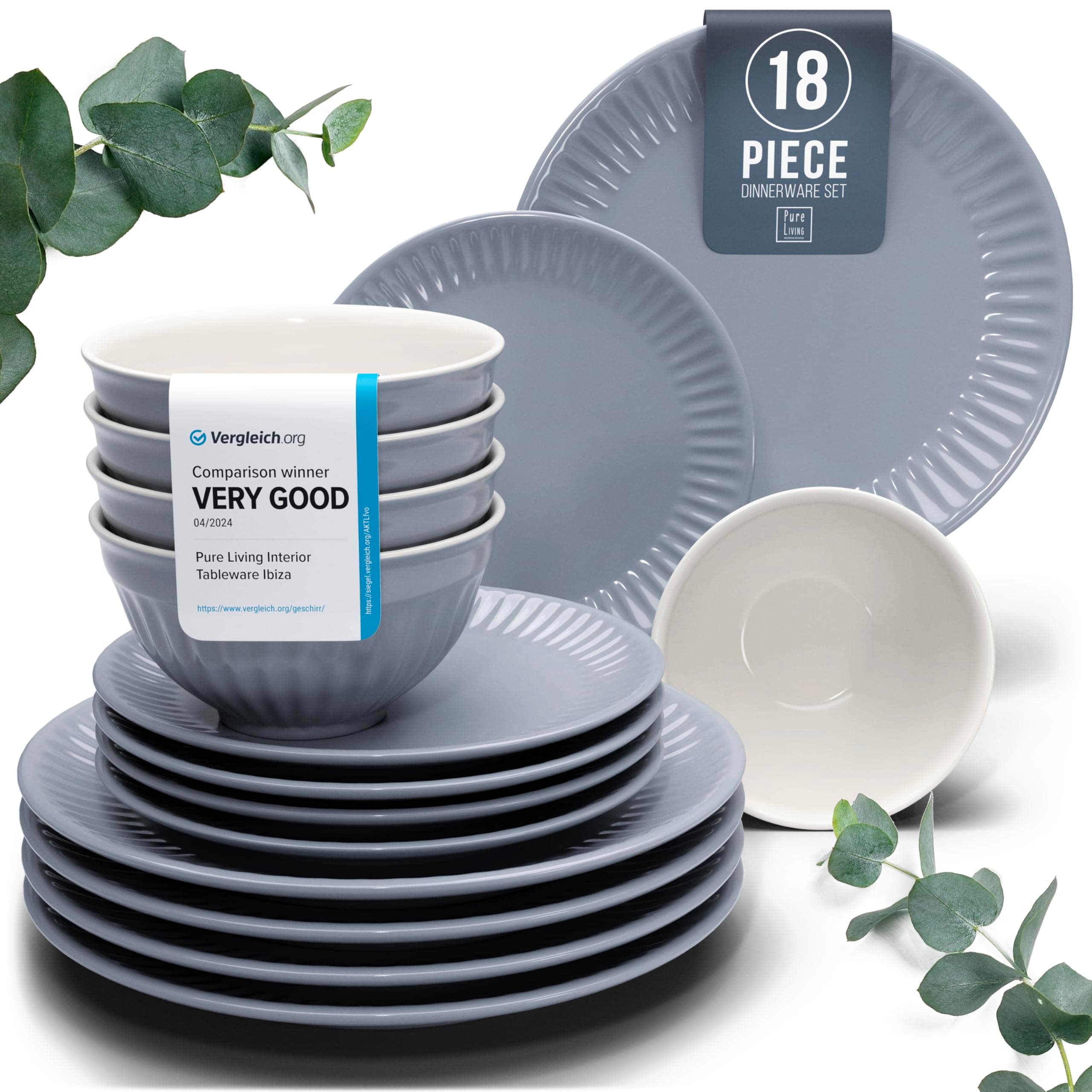 18-Piece Dinnerware Set - Bowl and Plate Set - Stoneware Dining Set for 6 People - Dishwasher and Microwave Safe - Grooved Dining Service in Grey-Blue