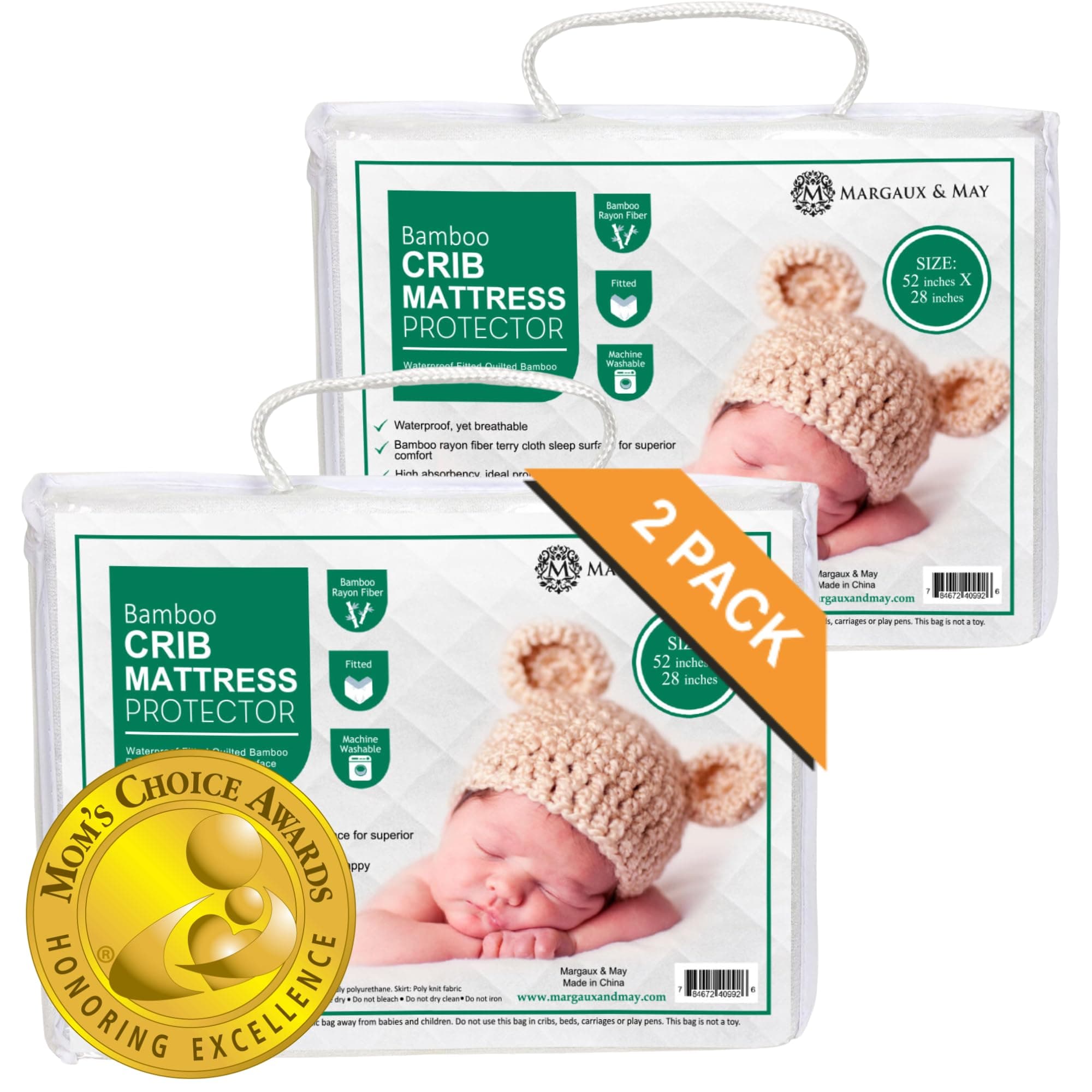 Crib Mattress Protector Pad 2 Pack - Ultra Soft (Mom's Choice Award Winner) by Margaux & May - Waterproof - Noiseless - Dryer Friendly - Deluxe Bamboo Rayon - Fitted, Quilted
