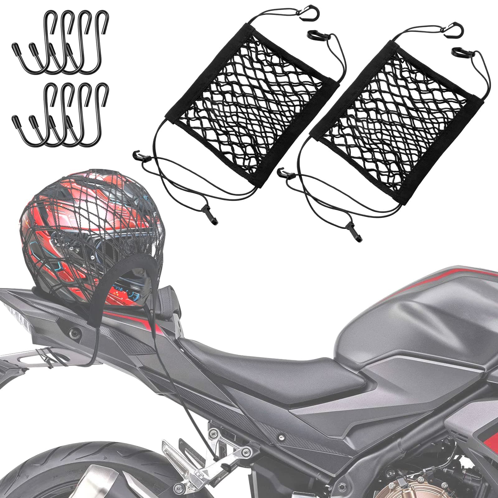 SARDVISA Upgraded Motorcycle Helmet Storage Cargo Nets, 10" X 11" Double Layer Elastic Net with 8 Extra Strong Metal Hooks, Running Expansion Organizer Net